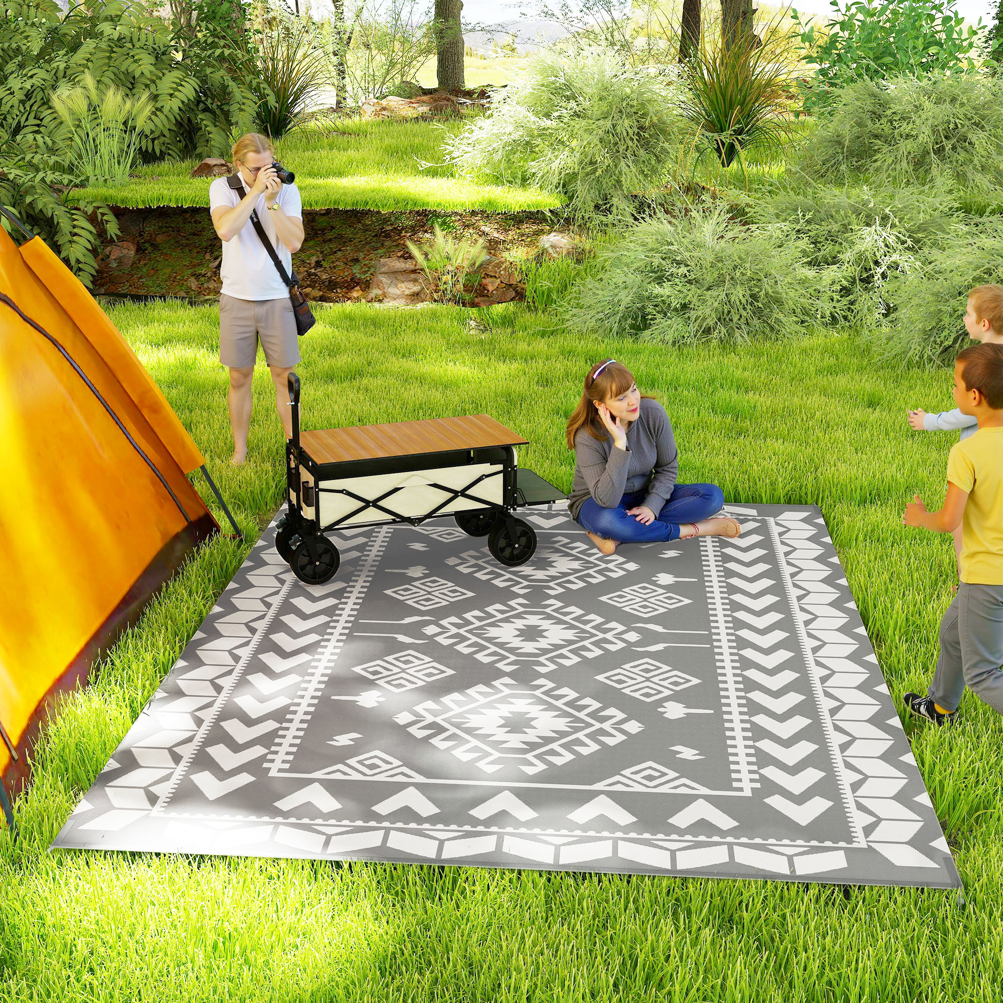 Tapis extérieur réversible imperméable 9x12 gris blanc losange