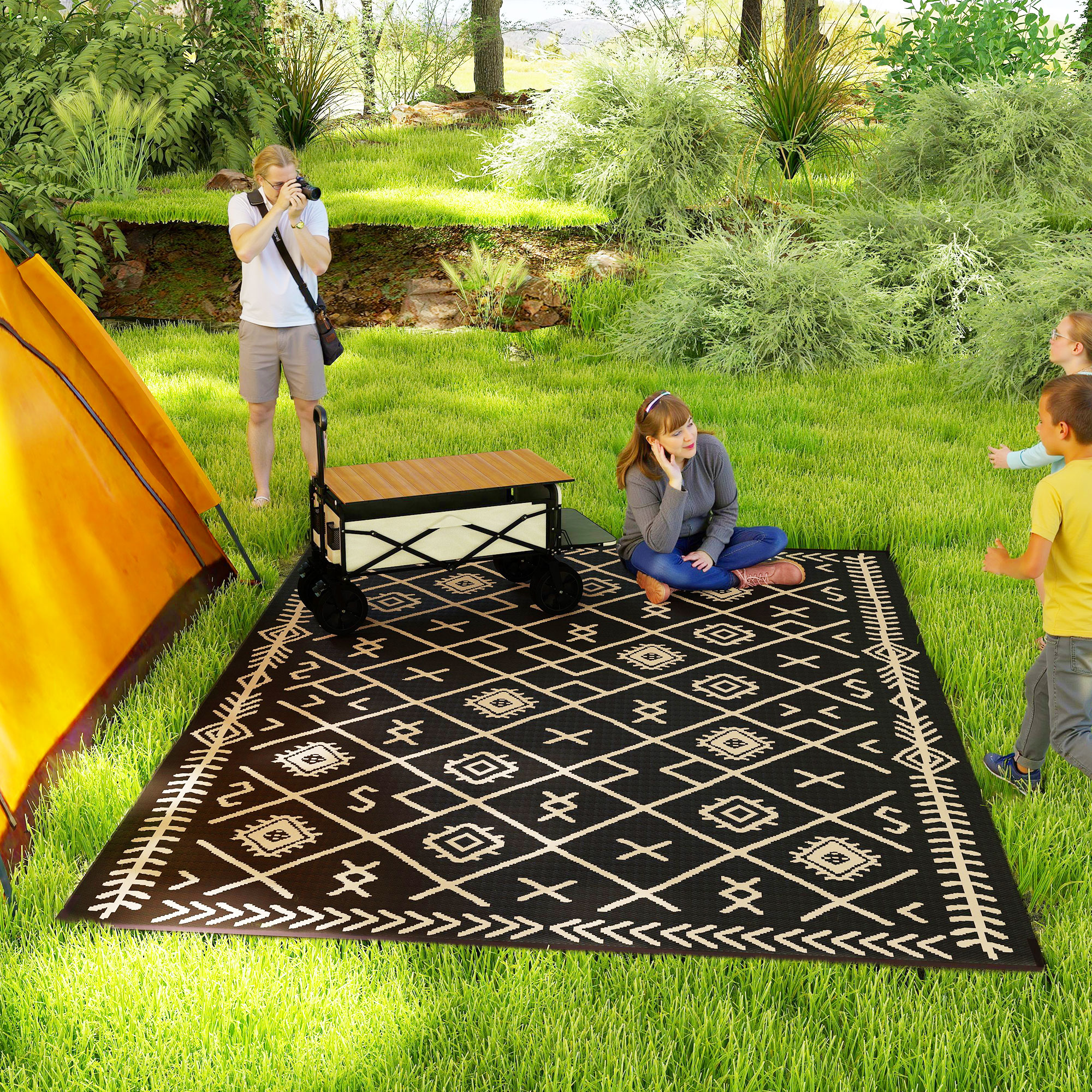 Tapis extérieur réversible 9x12, noir & beige