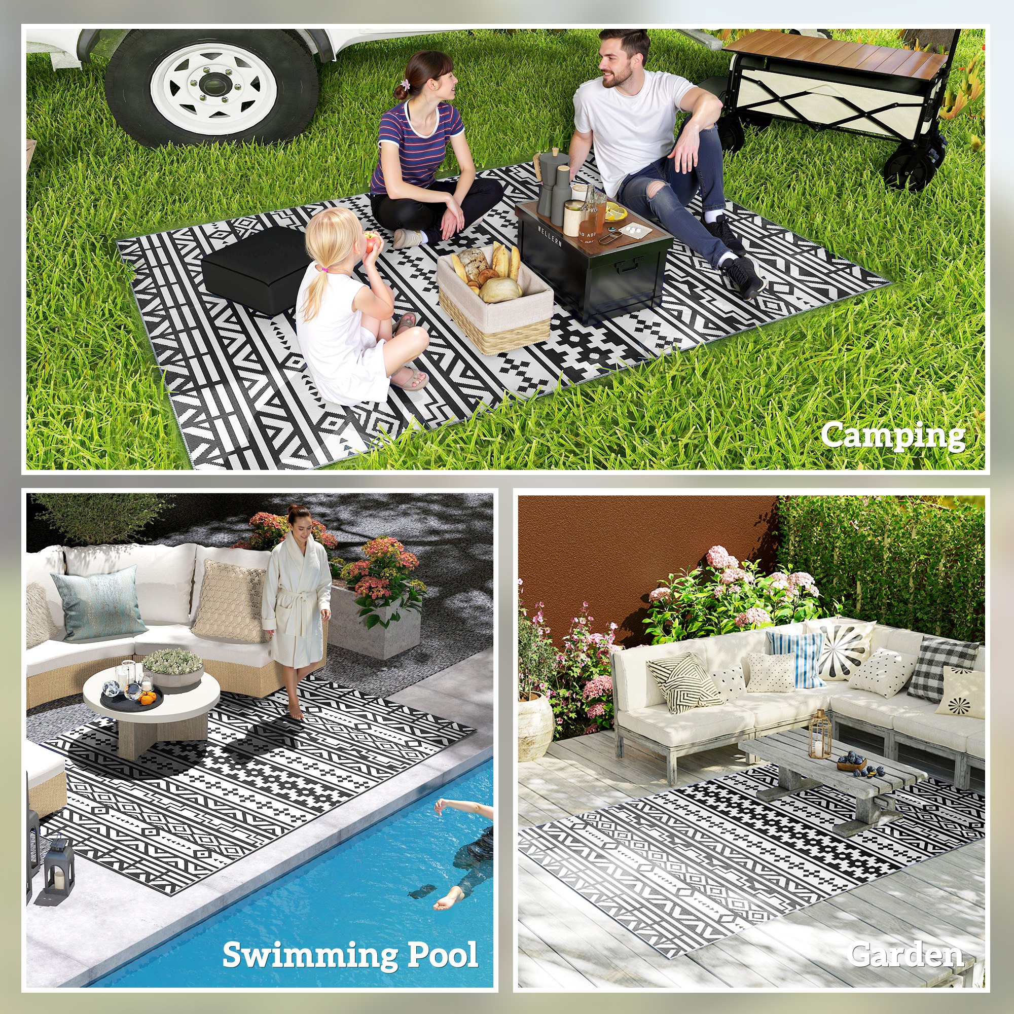 Tapis extérieur réversible 6 X 9 po, imperméable, géométrique