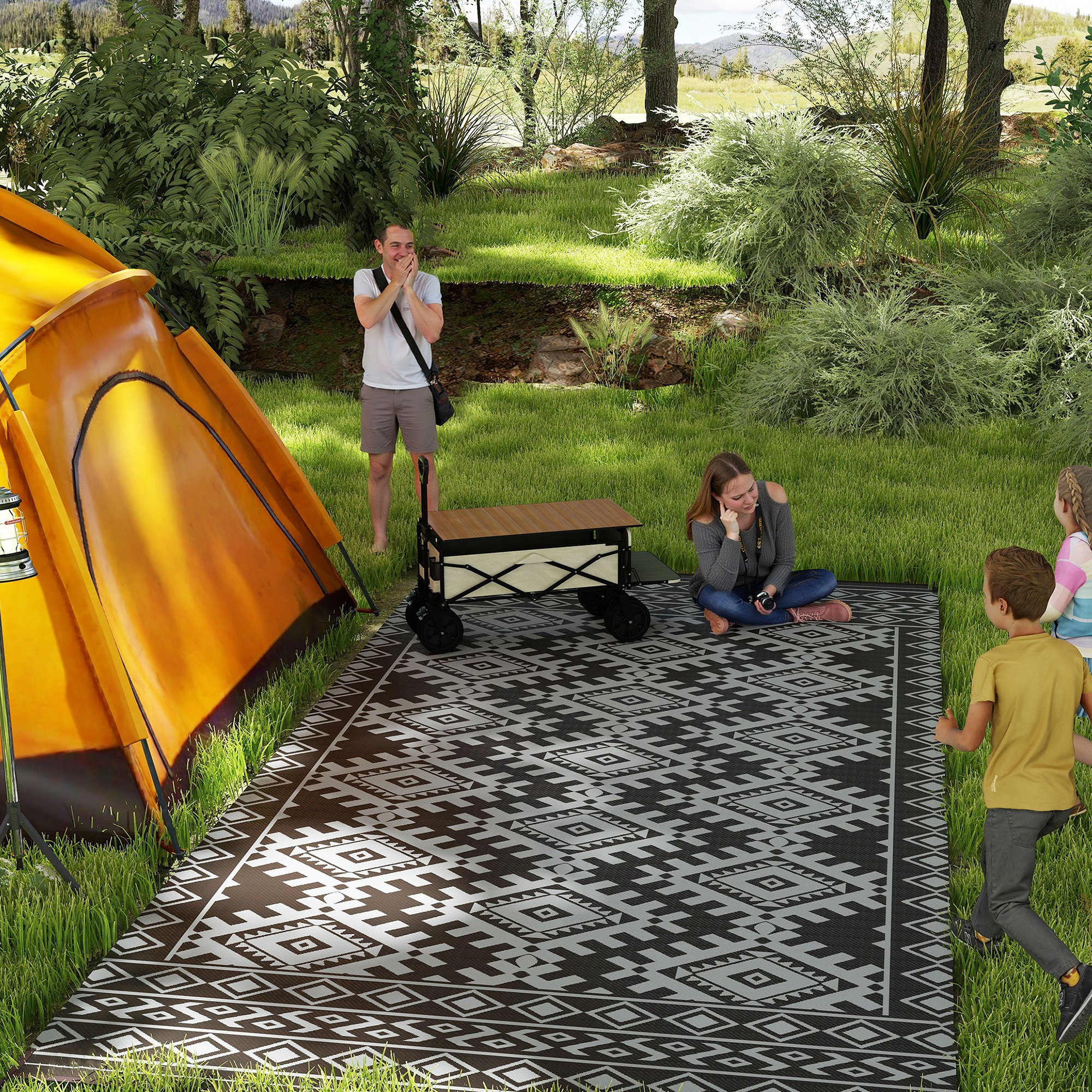 Tapis extérieur réversible 9x18 imperméable motif losange
