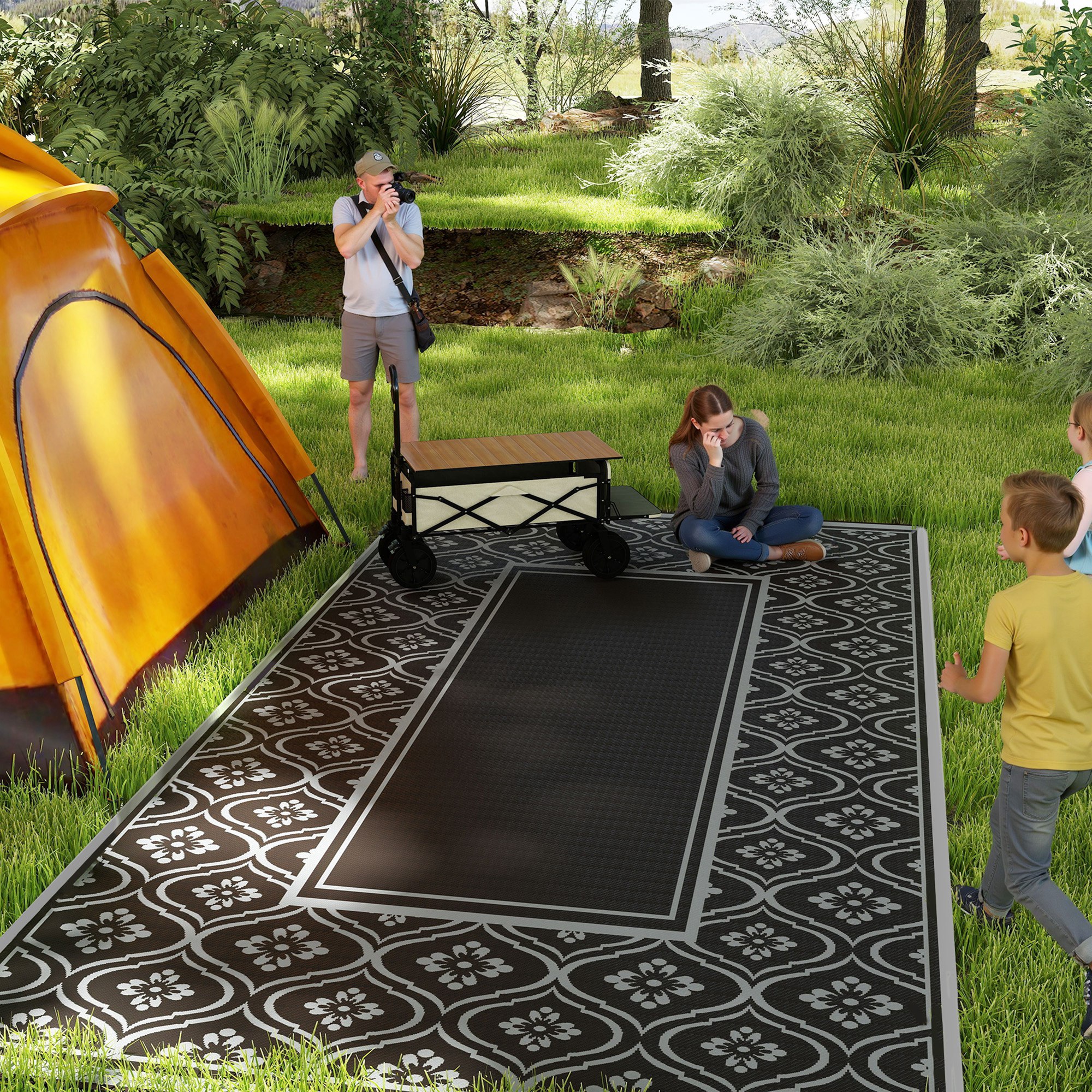 Tapis extérieur réversible imperméable 9x18 noir gris