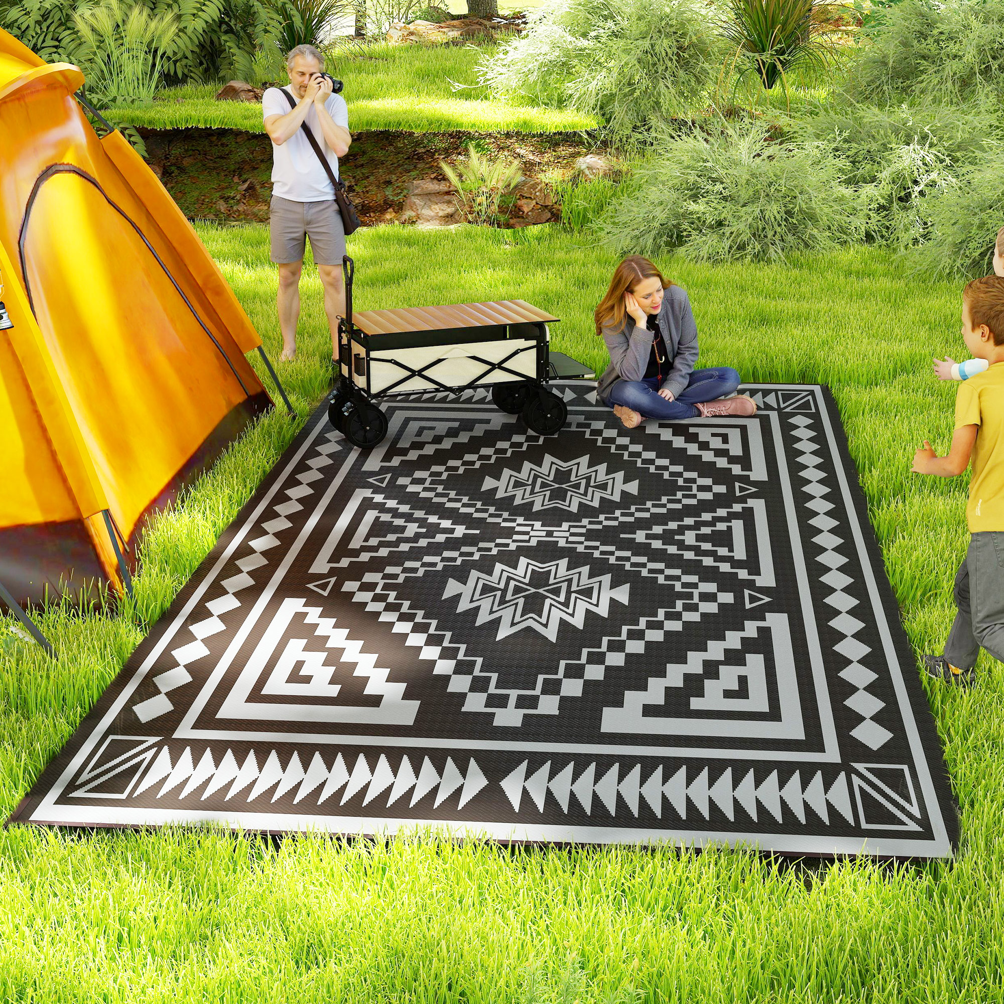 Tapis extérieur réversible étanche 9x18, patchwork noir-gris
