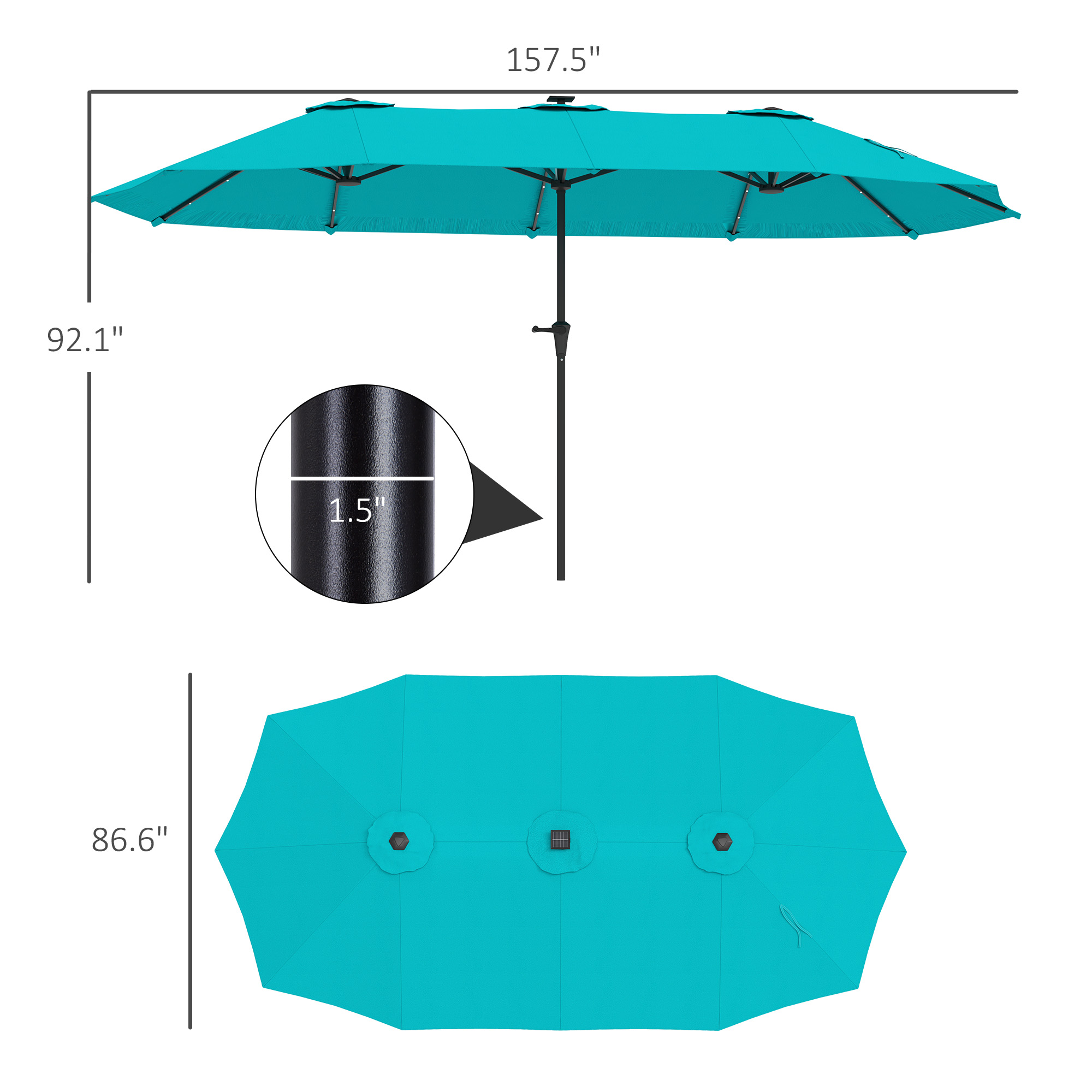 Parasol marché double 13 pi avec lumières solaires, manivelle, bleu