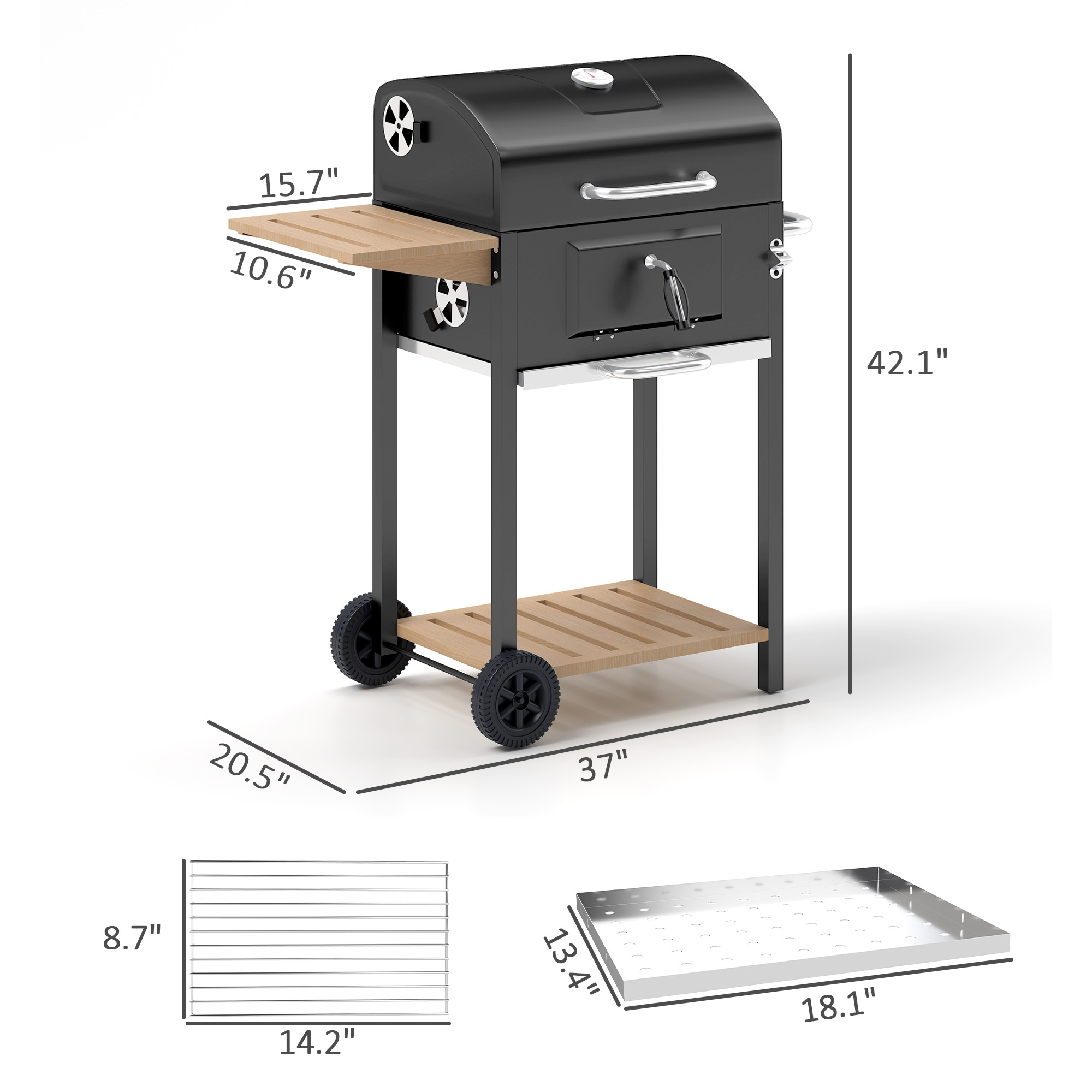 BBQ charbon portable, roues, tablette côté, noir