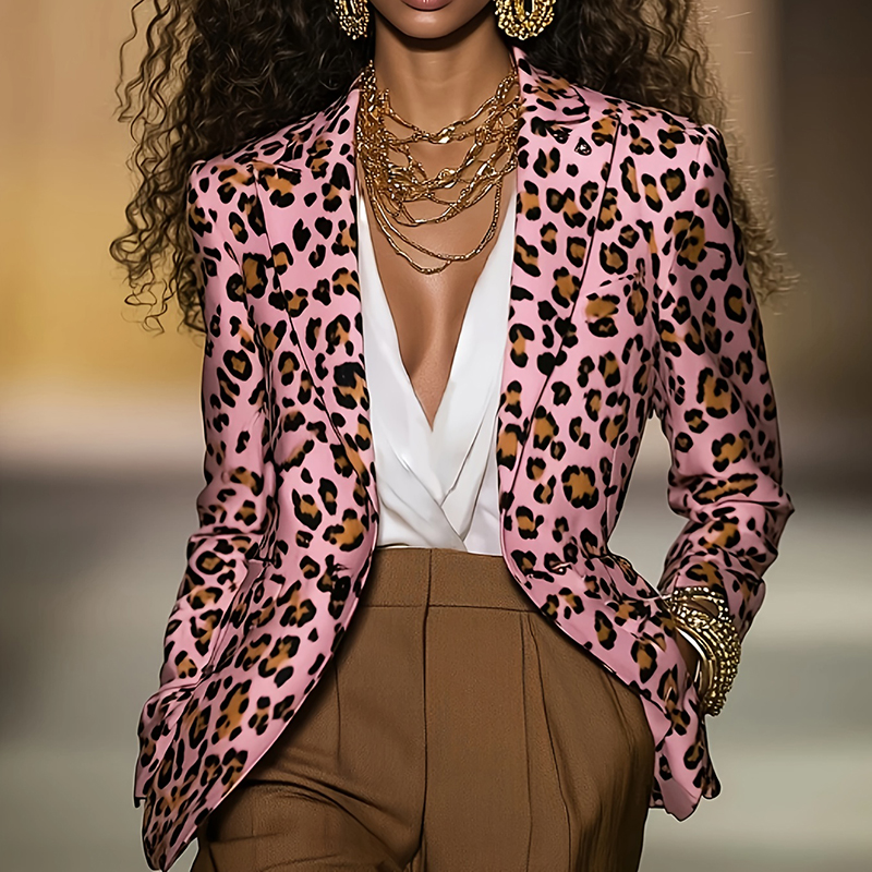 Veston blazer femme léopard rose manches longues bureau