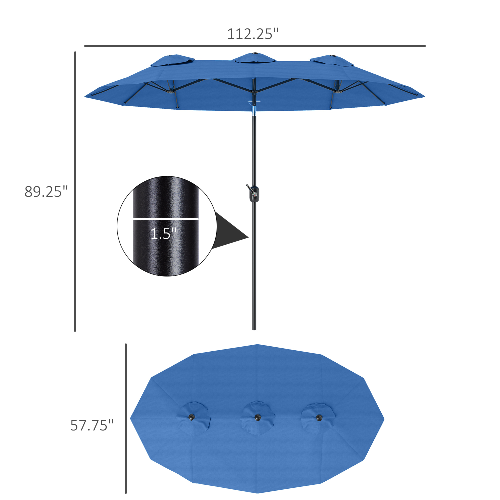 Parasol patio 9,5pi bleu marine, bouton inclinaison 12 côtes