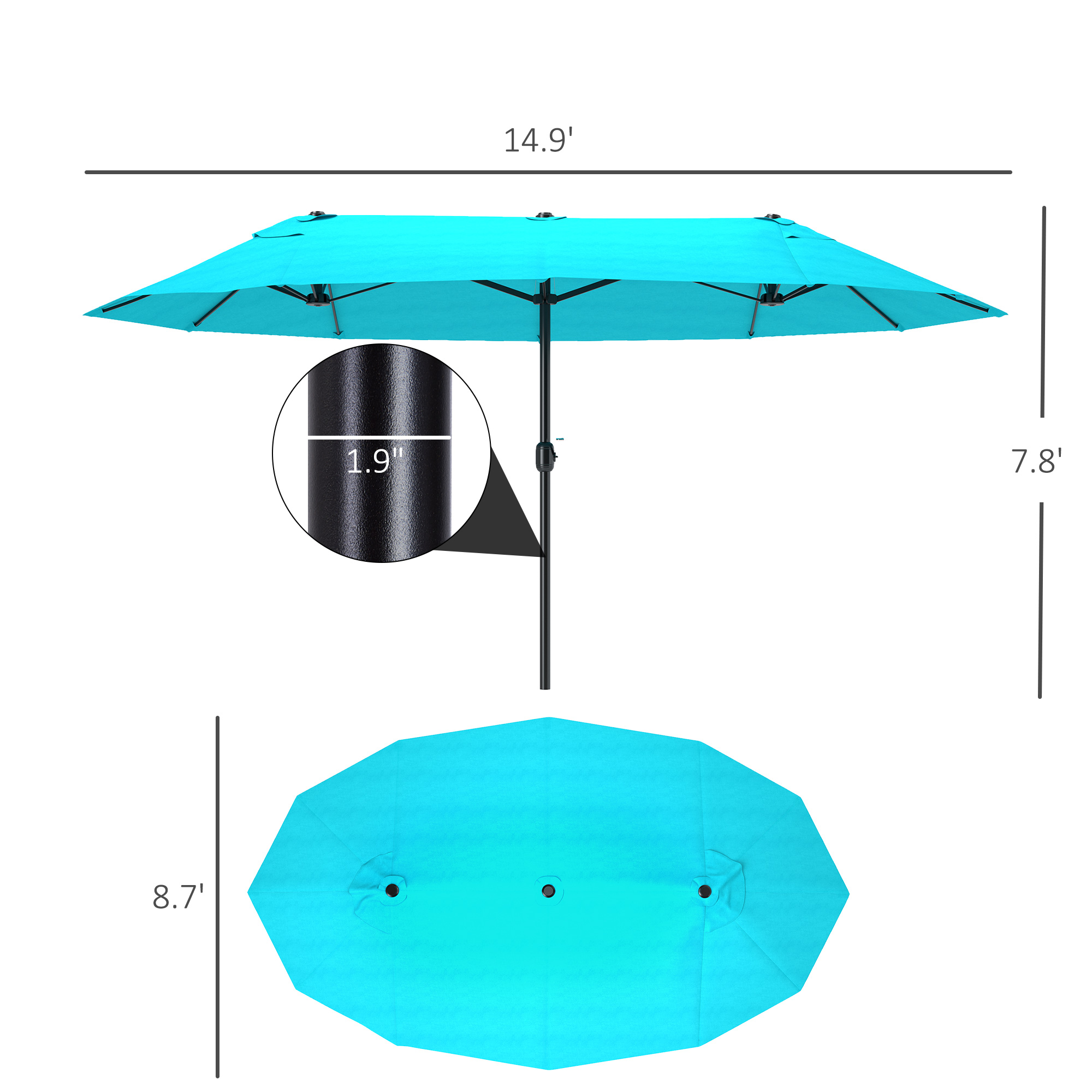 Parasol patio 15pi double-sided manivelle bleu clair