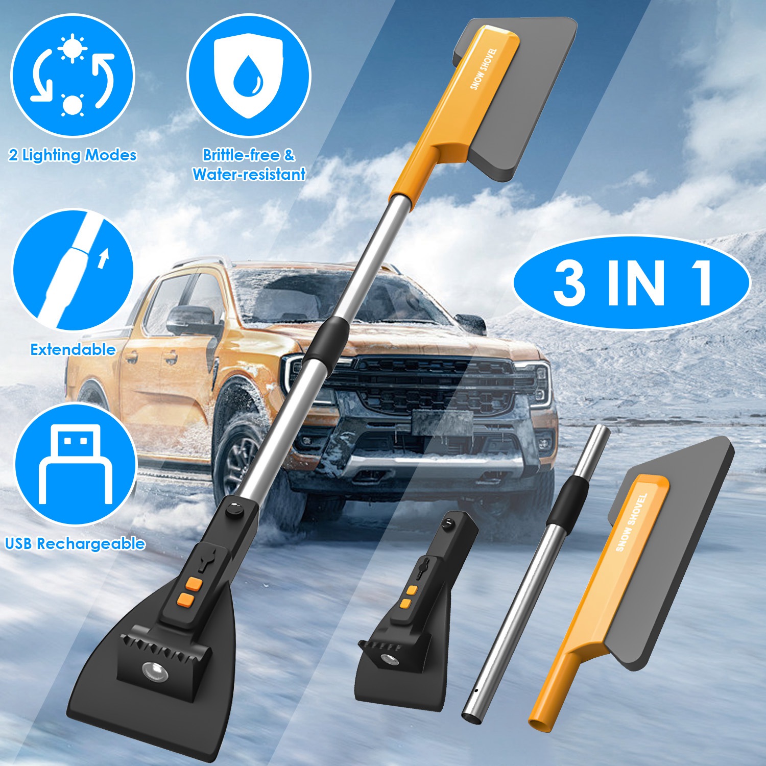 1pc grattoir à neige 3 en 1 pour auto avec lumières et brosse télescopique