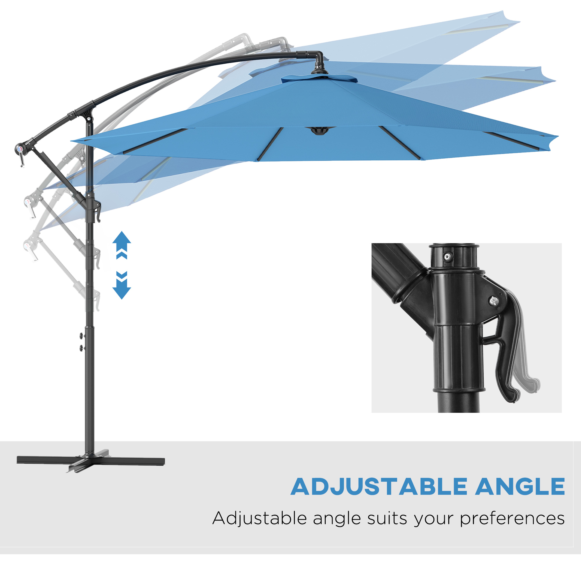 Parasol cantilever 10pi UV/eau, base poids, bleu