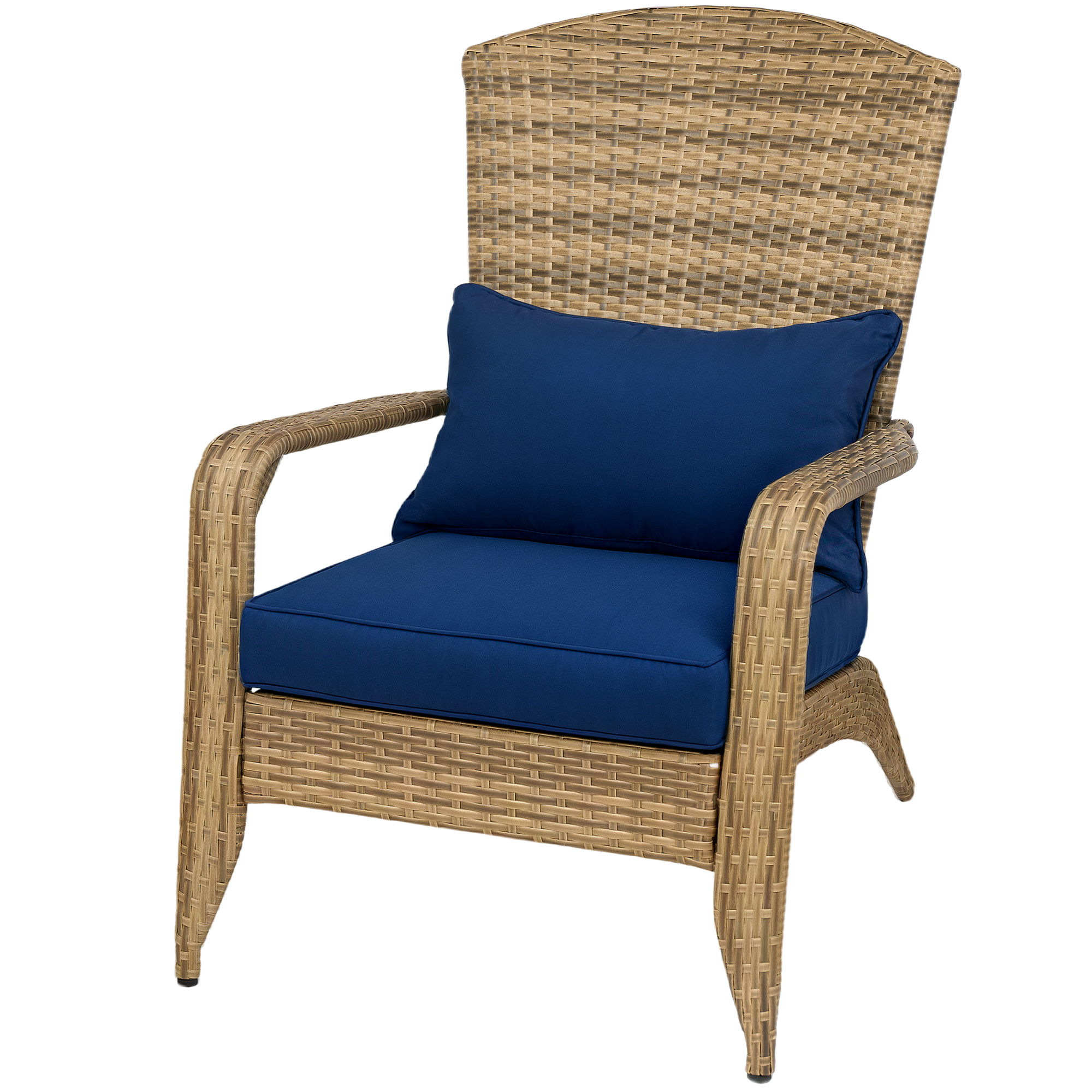 Chaise Adirondack rotin, coussins, bleu foncé