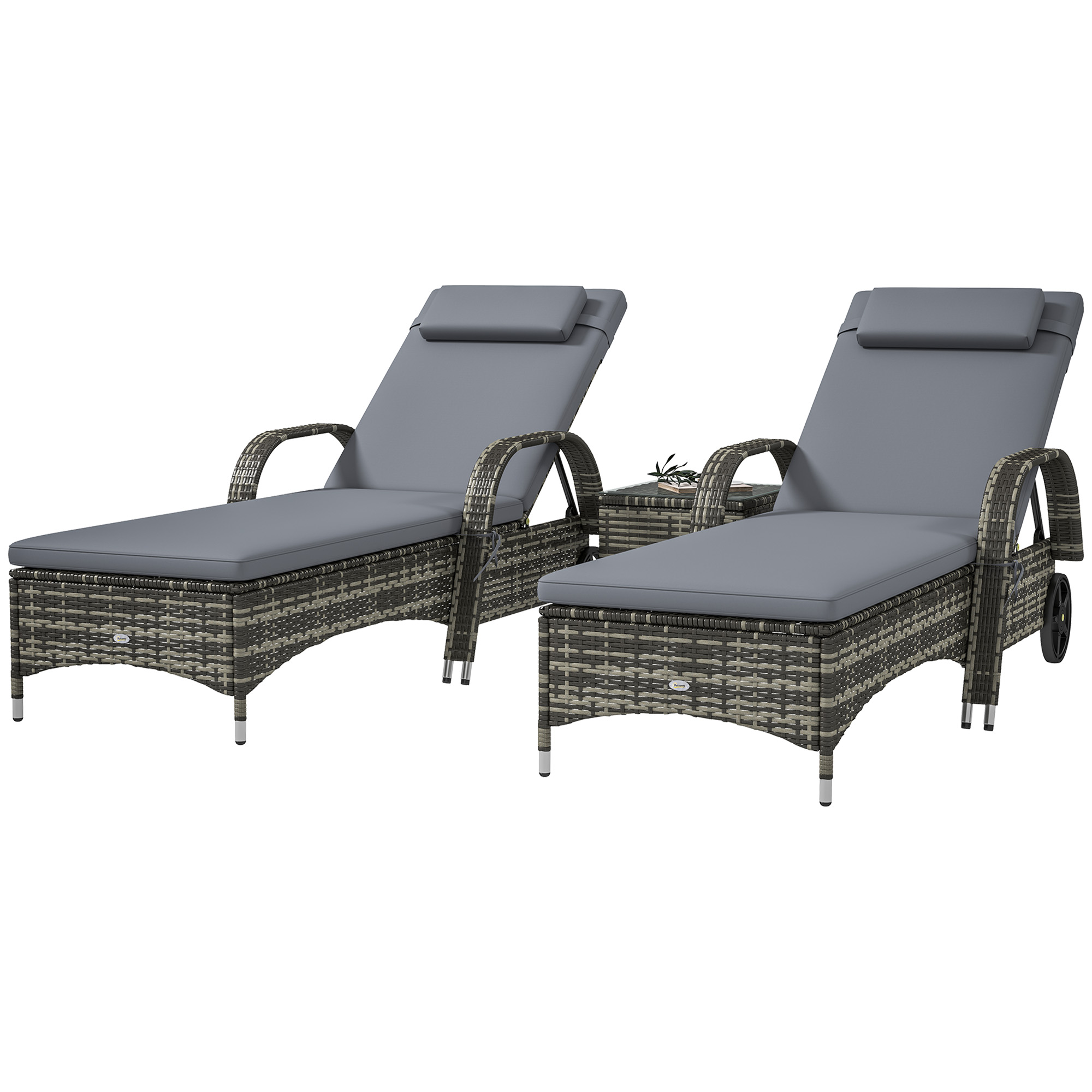 Ensemble 2 chaises longues patio osier roues gris