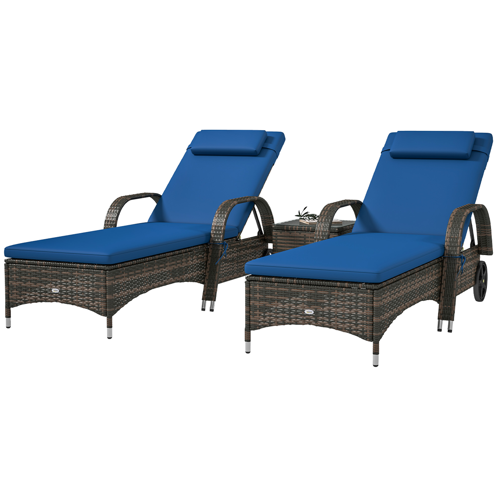 Chaise longue rotin patio 2x, table, coussin bleu