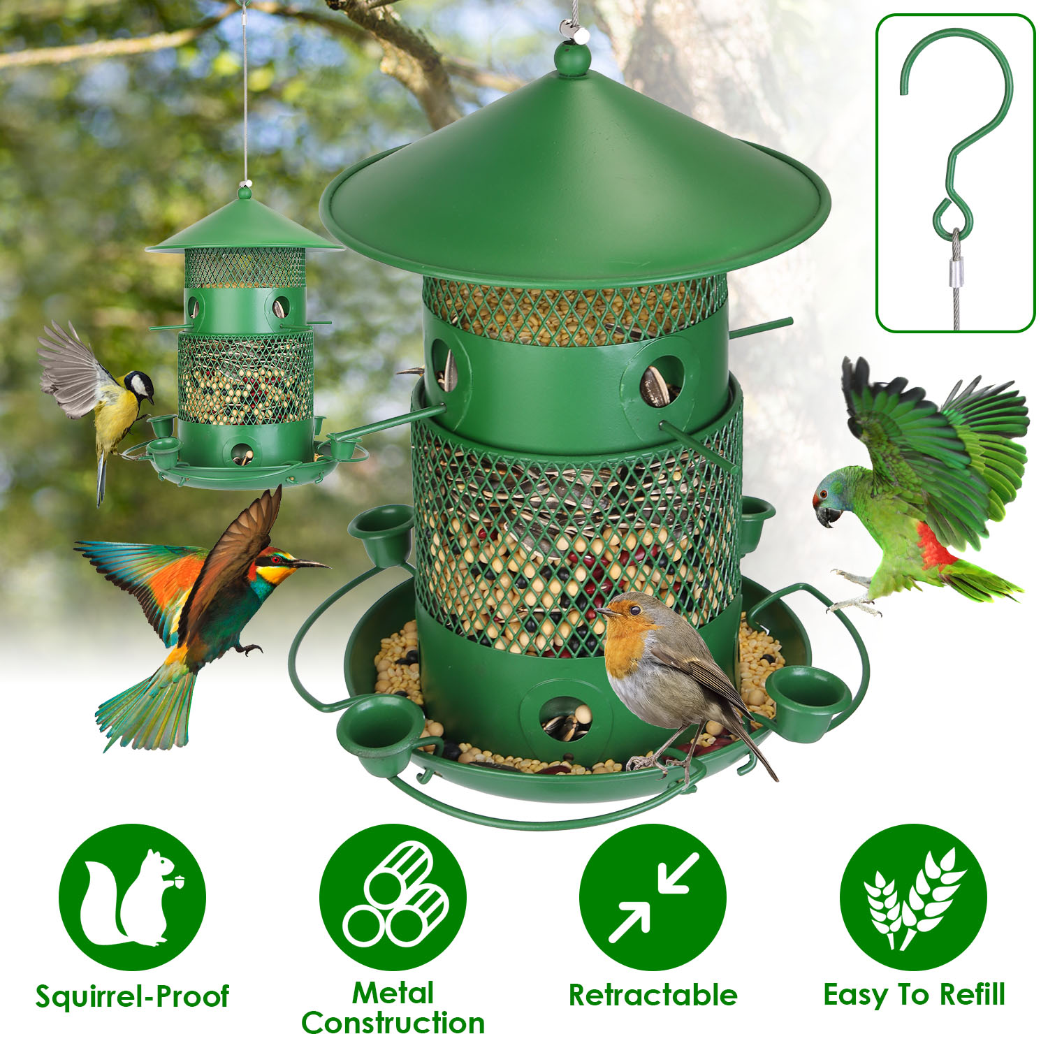 Mangeoire oiseau anti-écureuil métal 360° perchoir