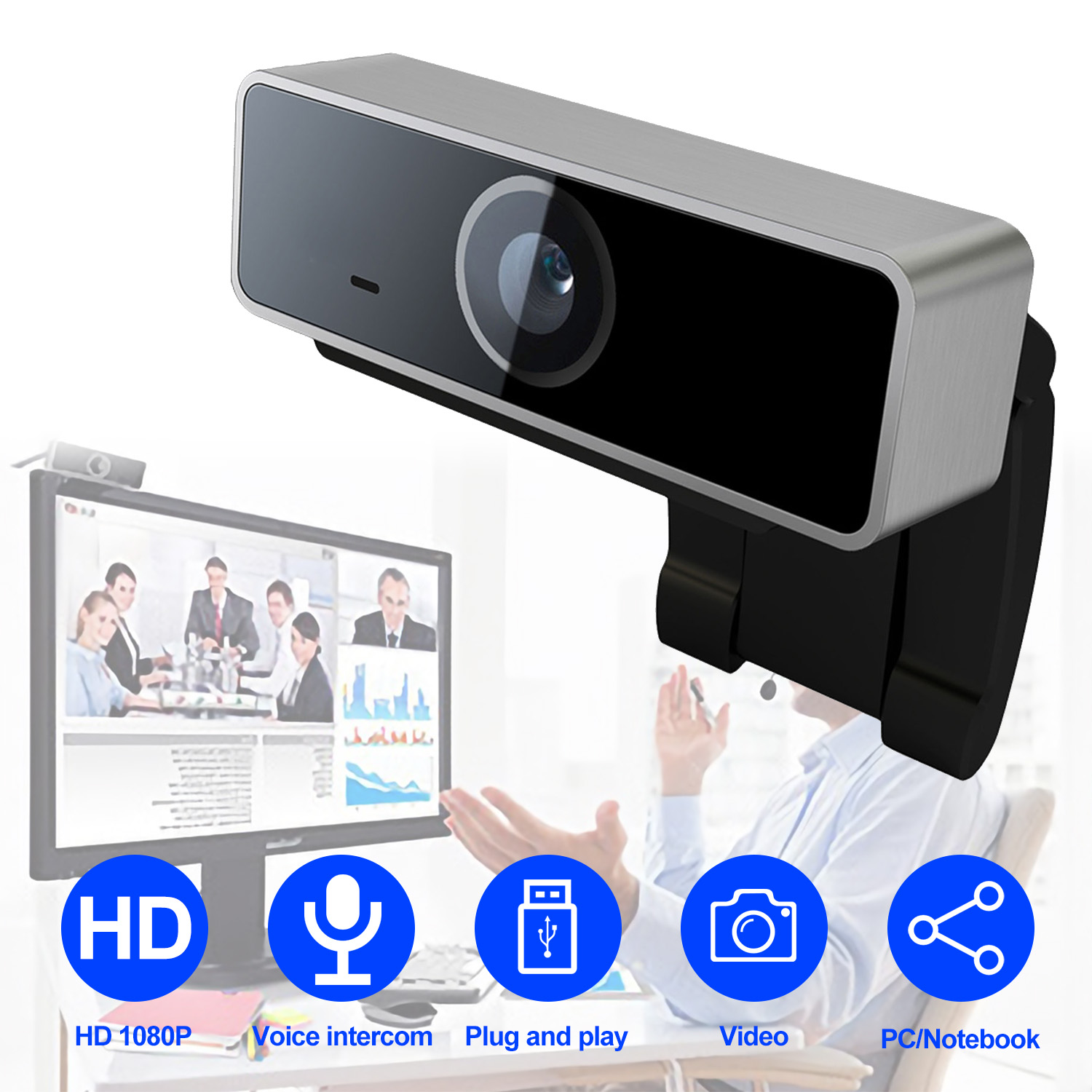 Webcam FHD 1080P USB, autofocus, micro, 60°, pince rotative
