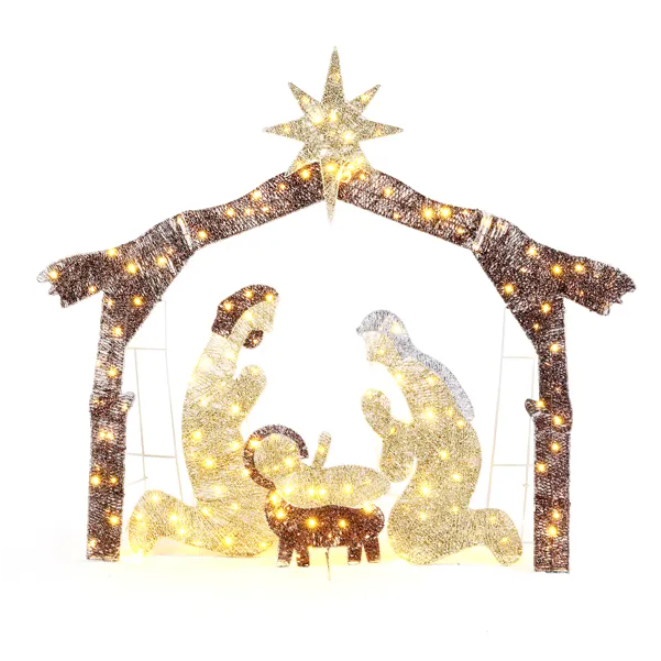 Crèche Noël 6pi toit brun 190 LED jardin