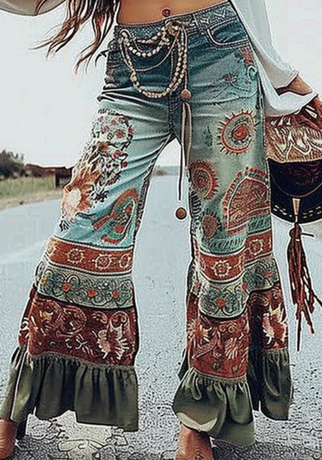 Ursime pantalon évasé imprimé boho volants