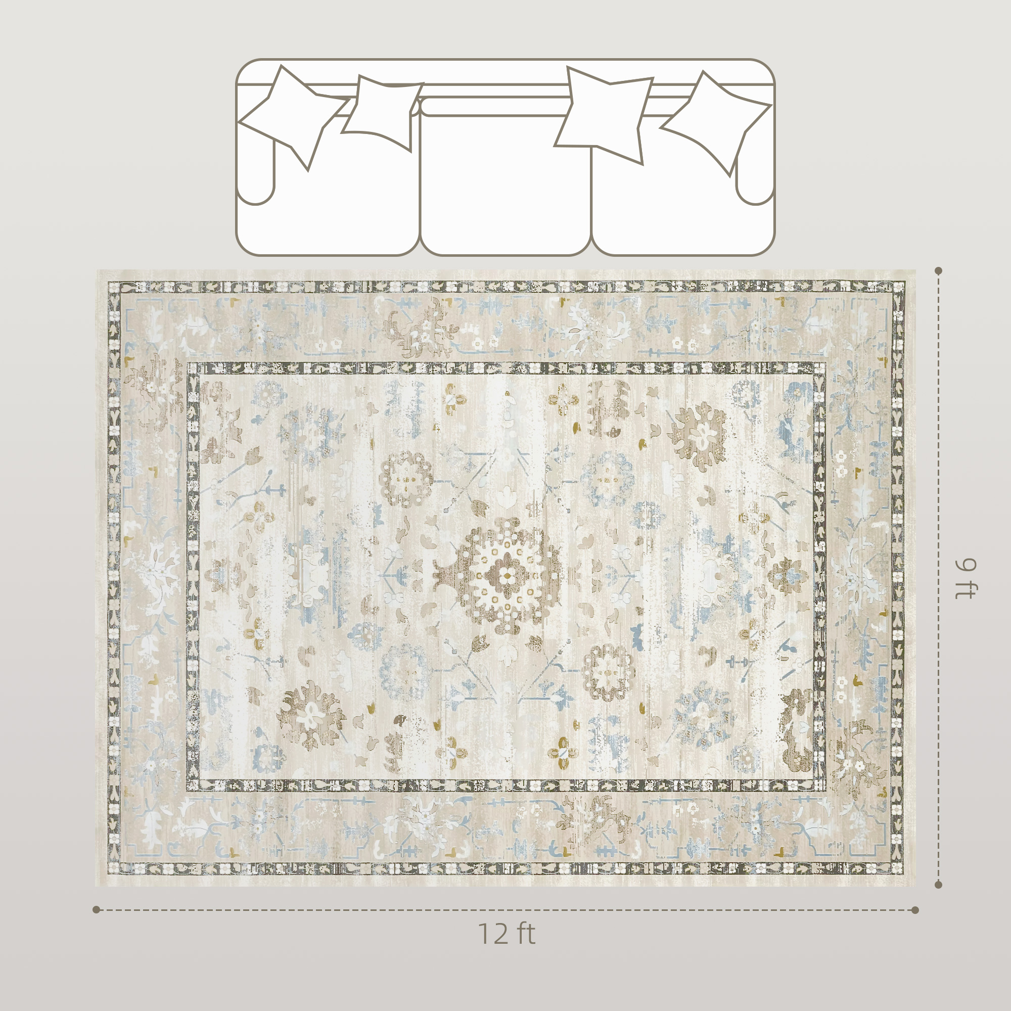 Tapis 9x12 bohème lavable machine, bleu, chambre/cuisine