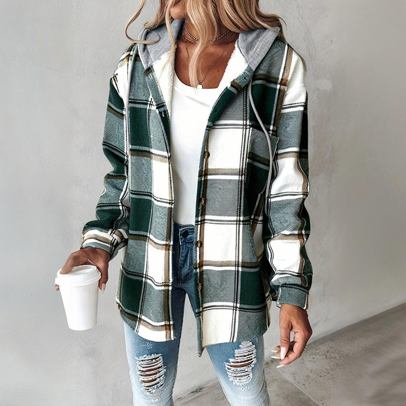 Chemise à carreaux capuche femme boutons cordon poches