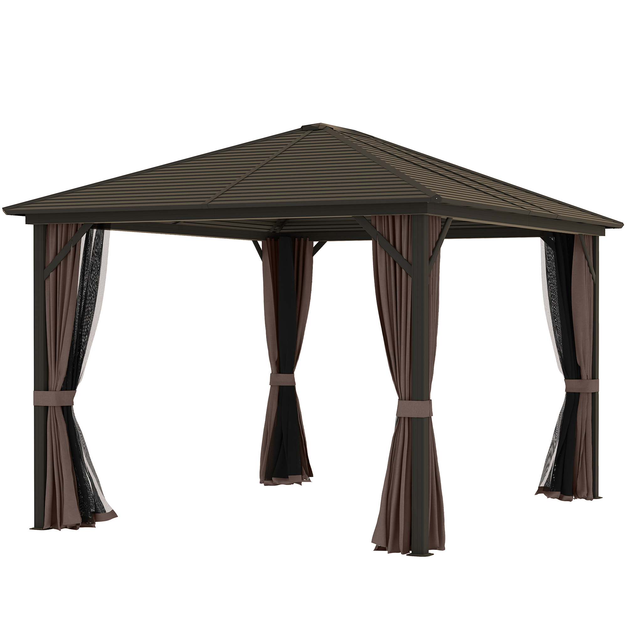 Gazébo 10x12 acier toit dur rideaux filet café