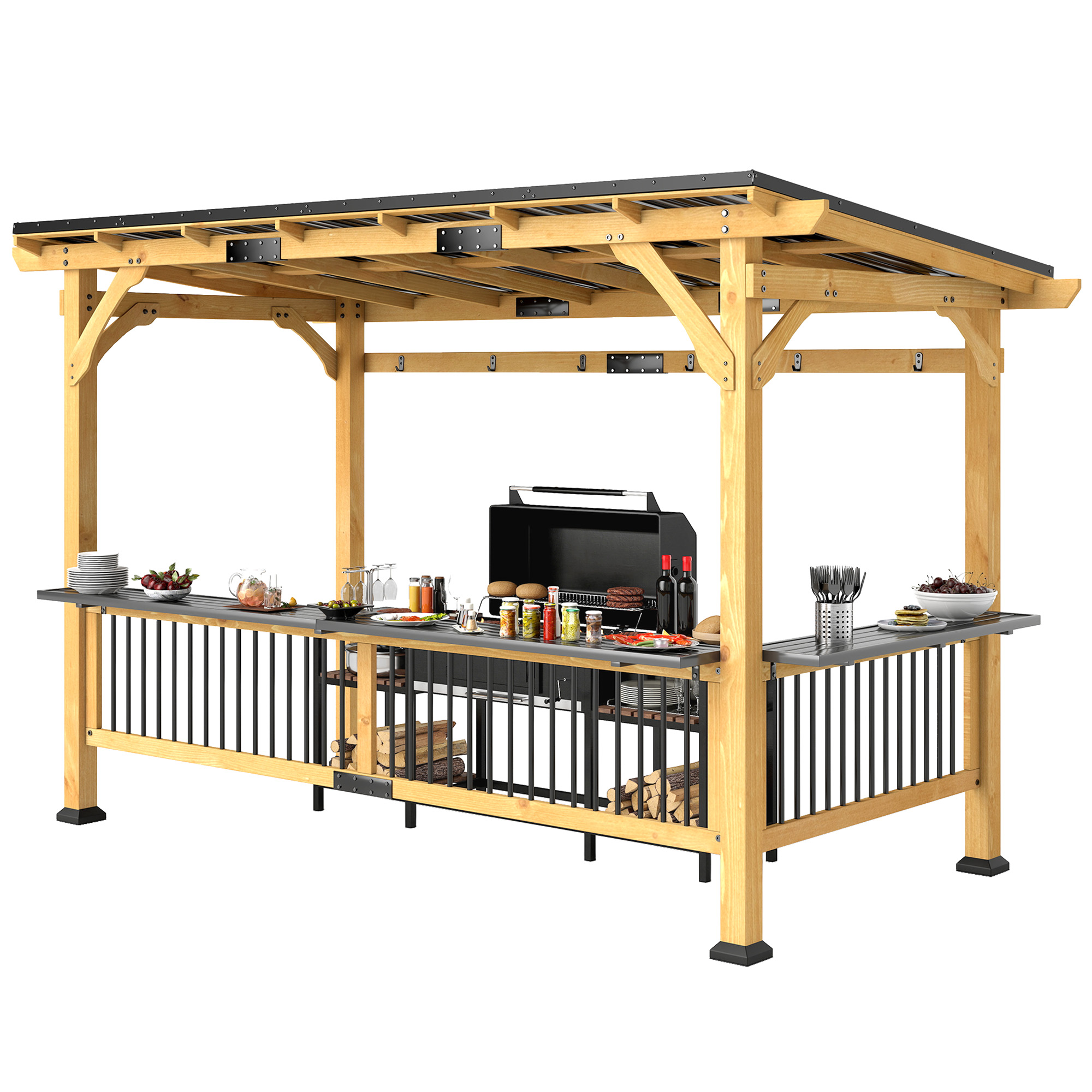 Gazebo BBQ 13x6 bois toit métal naturel