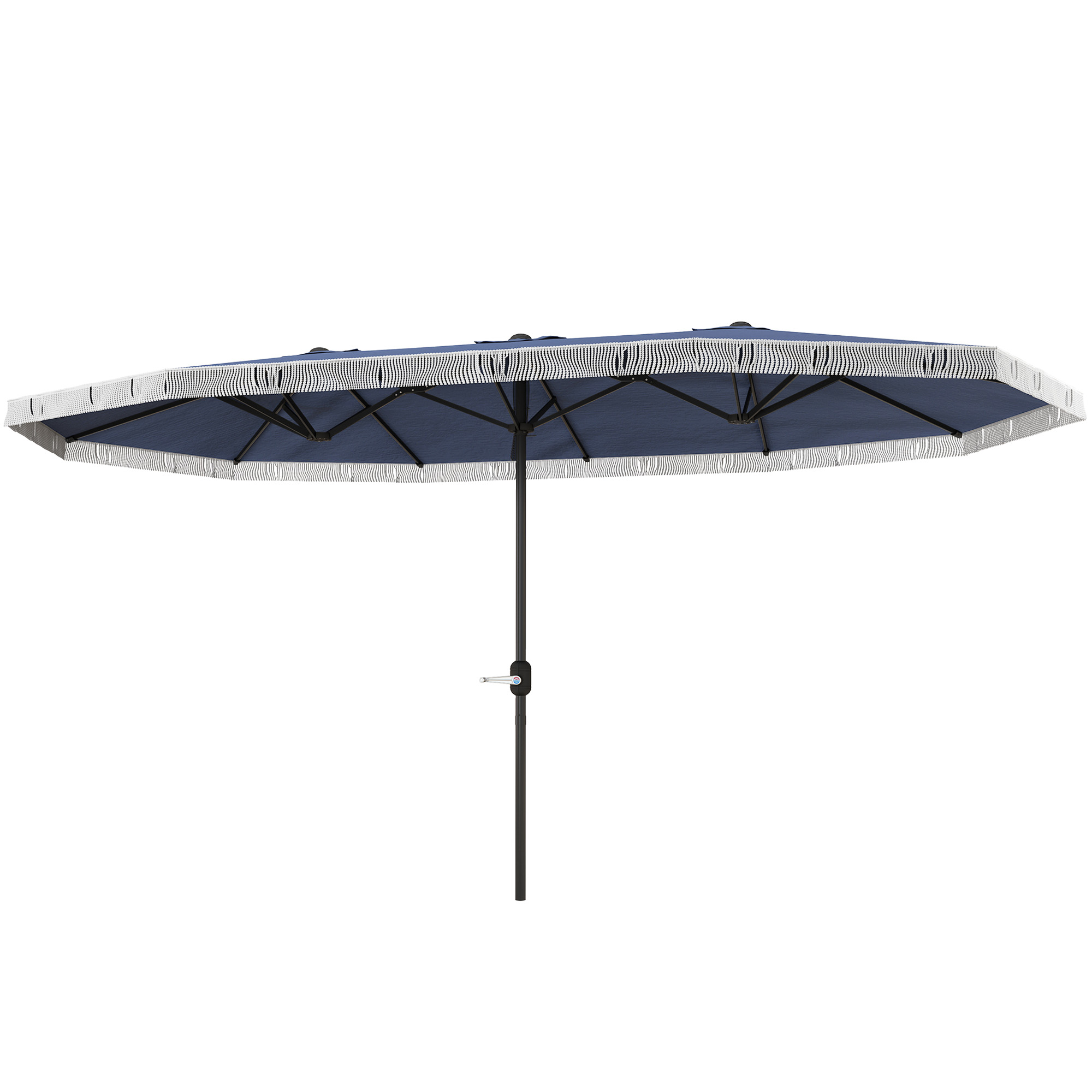Parasol rectangulaire patio 15pi bleu foncé franges manivelle