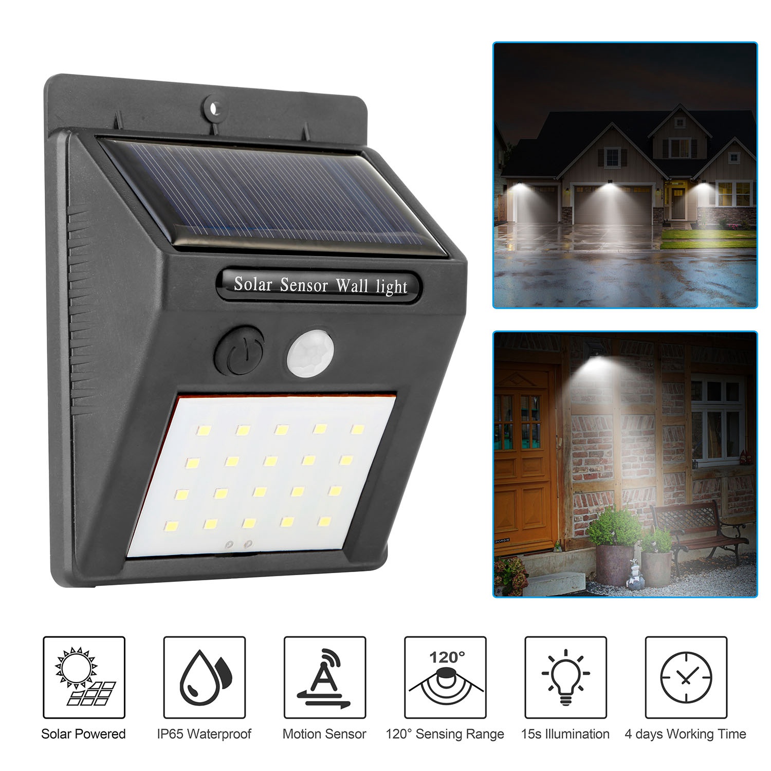 Lampe solaire 20 DEL capteur mouvement 120°, IP65, allée jardin