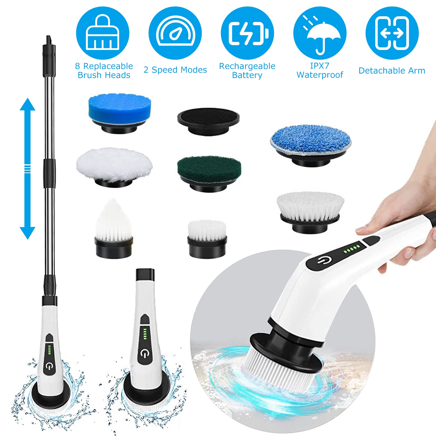 Brosse nettoyage électrique rechargeable 8 têtes, extension bras
