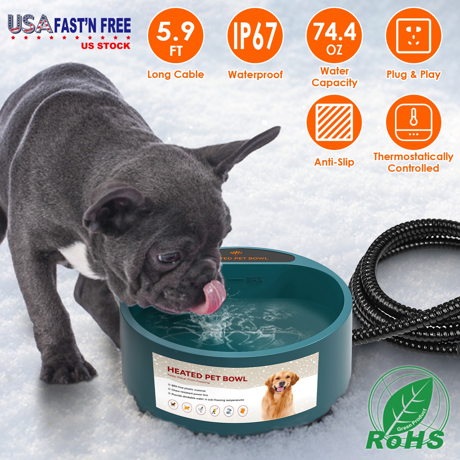 Bol d'eau chauffante pour chien/chat 74.4oz IP67