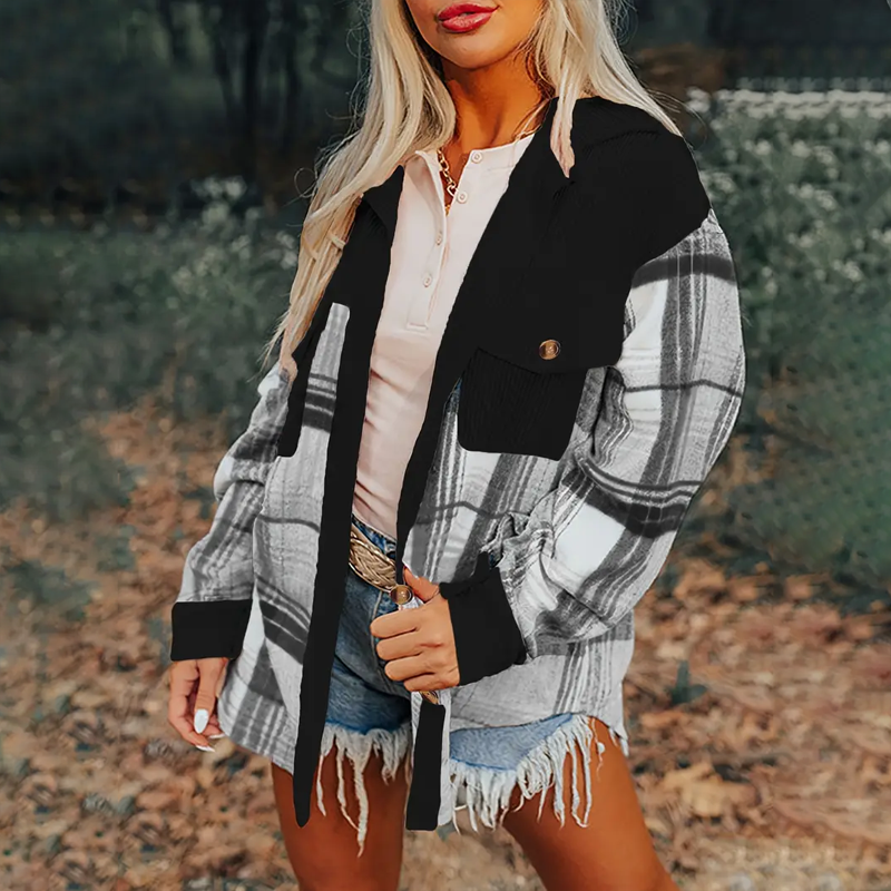 Chemise femme manches longues carreaux poche détail casual
