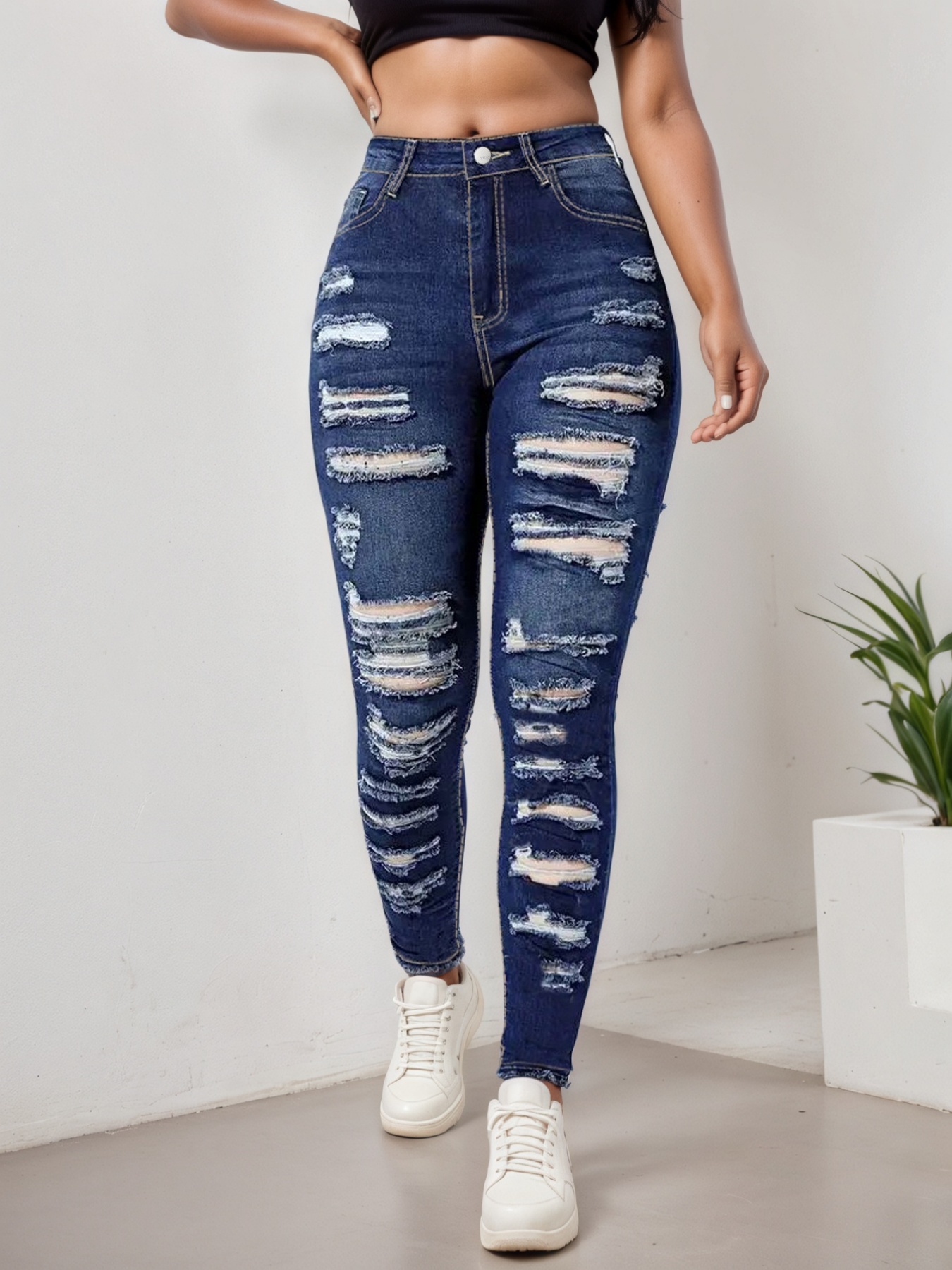 Jean capri slim femme déchiré taille haute stretch