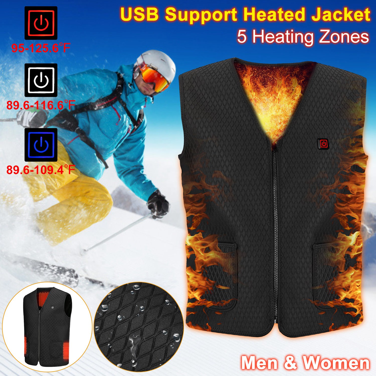 1pc Gilet Chauffant USB 5 Zones Chaleur Homme Femme Activités