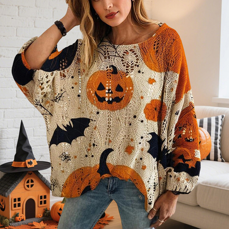Blouse imprimé citrouille Halloween manche batwing évidée ample printemps-été