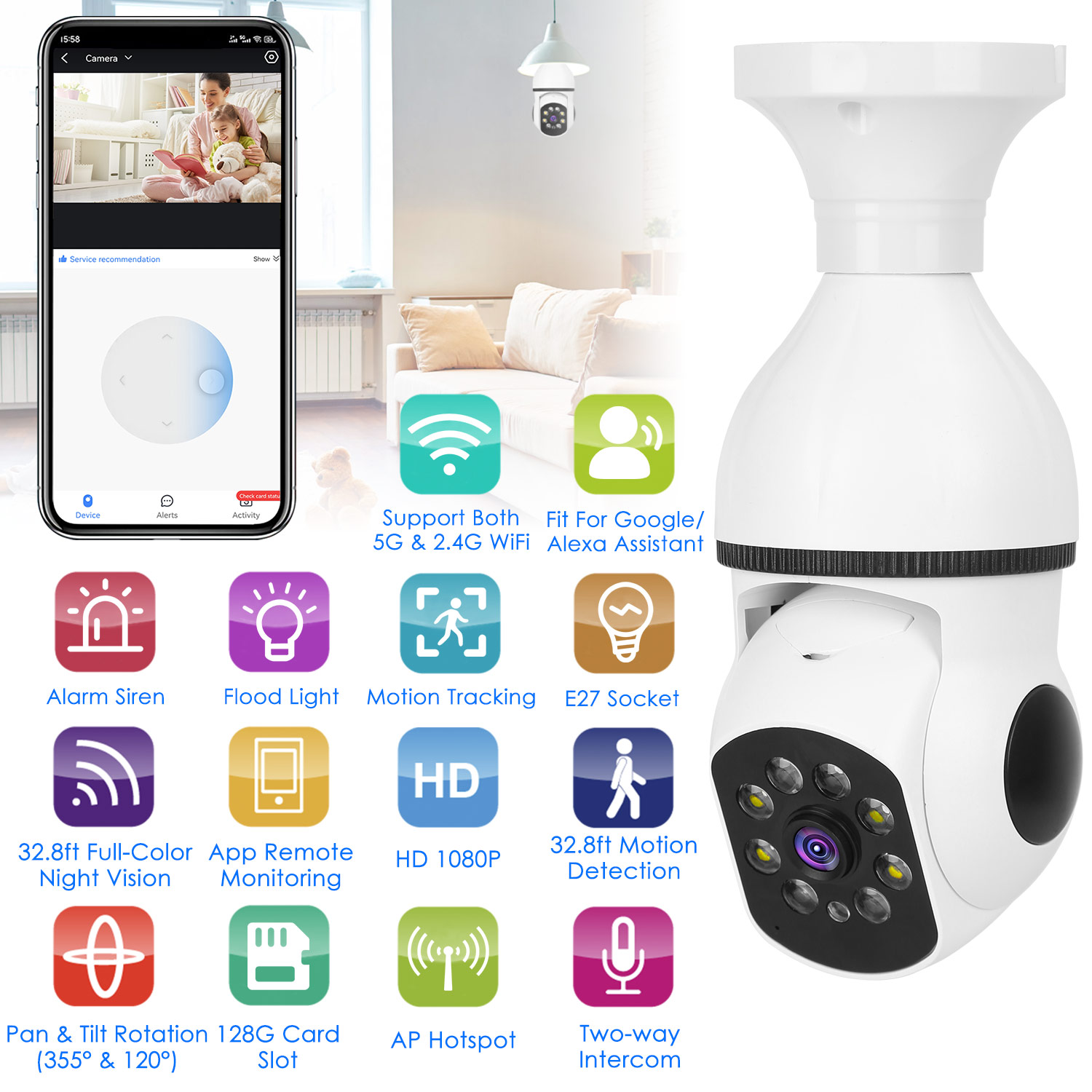 Ampoule caméra E27 WiFi 1080P PTZ audio