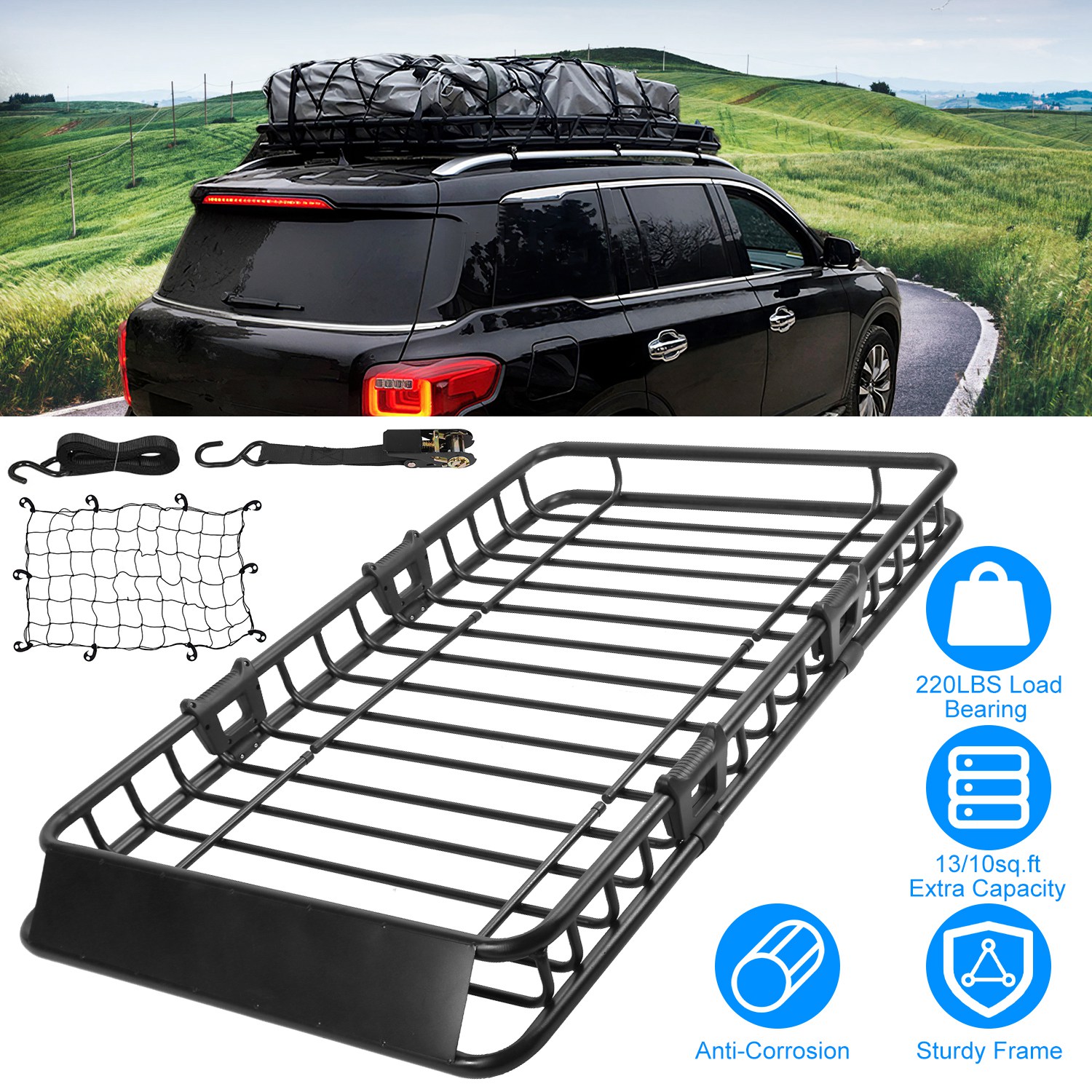 Panier cargo toit universel 63x39x6.3po avec sangle élastique
