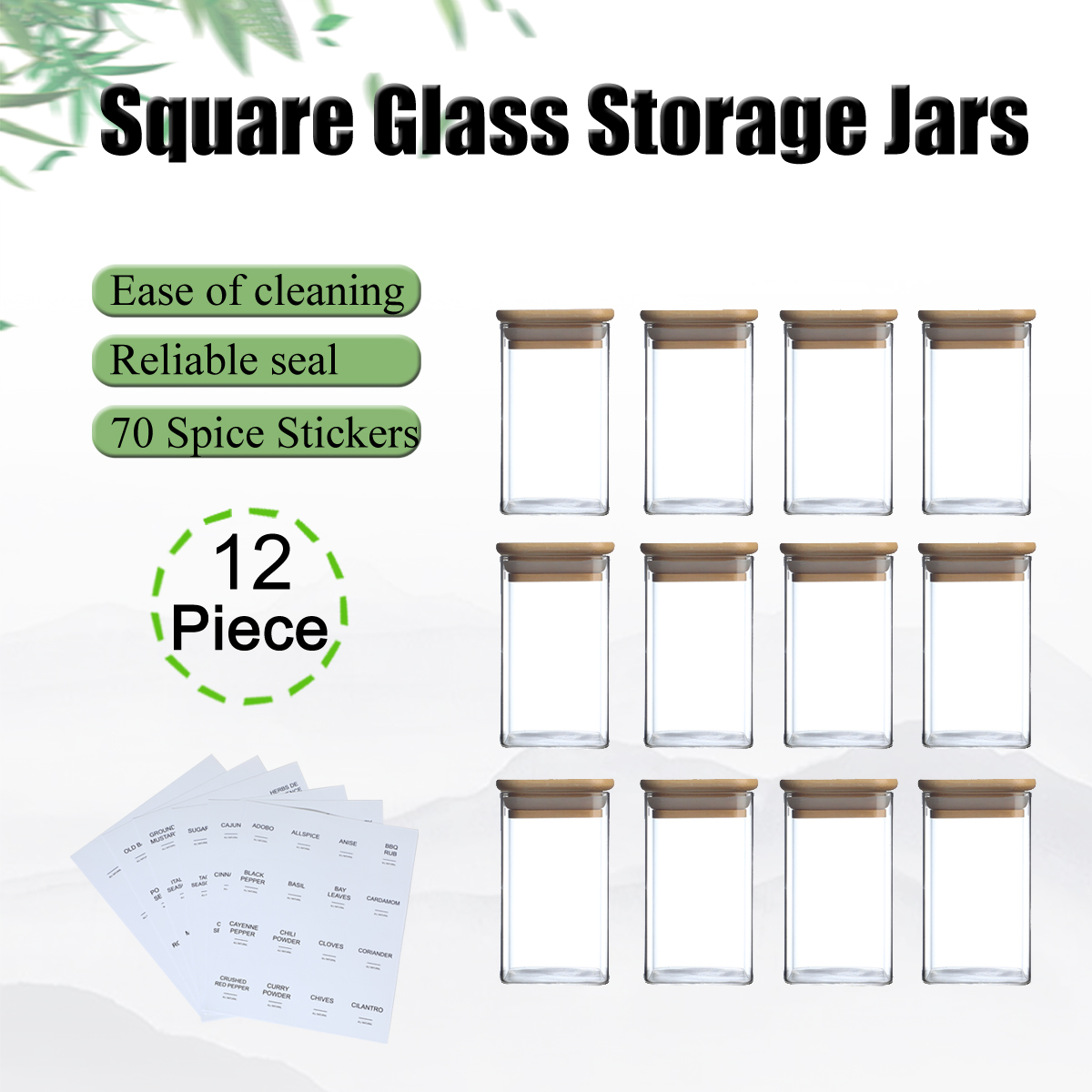 Pots à épices carrés 12 pc avec 72 étiquettes