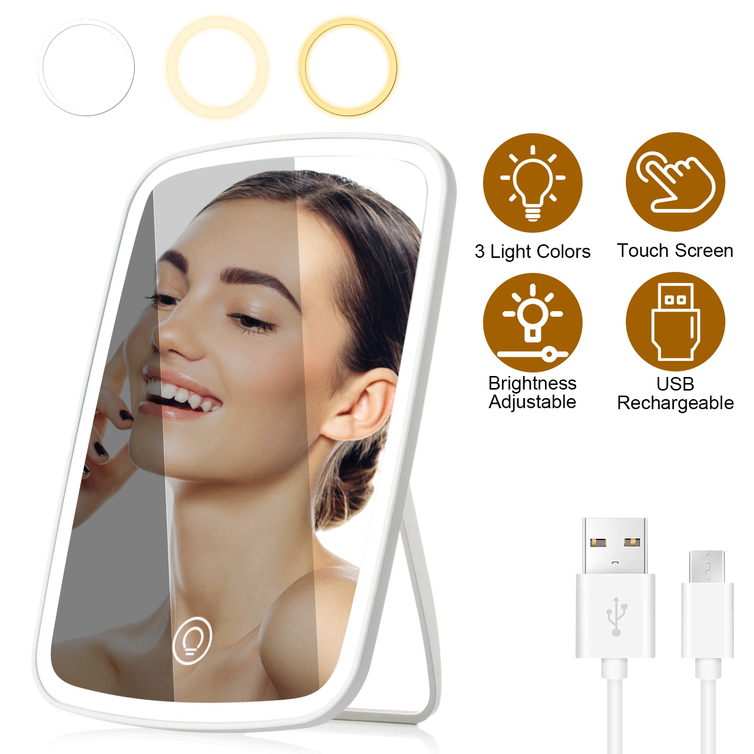 Miroir maquillage lumineux LED 3 couleurs USB
