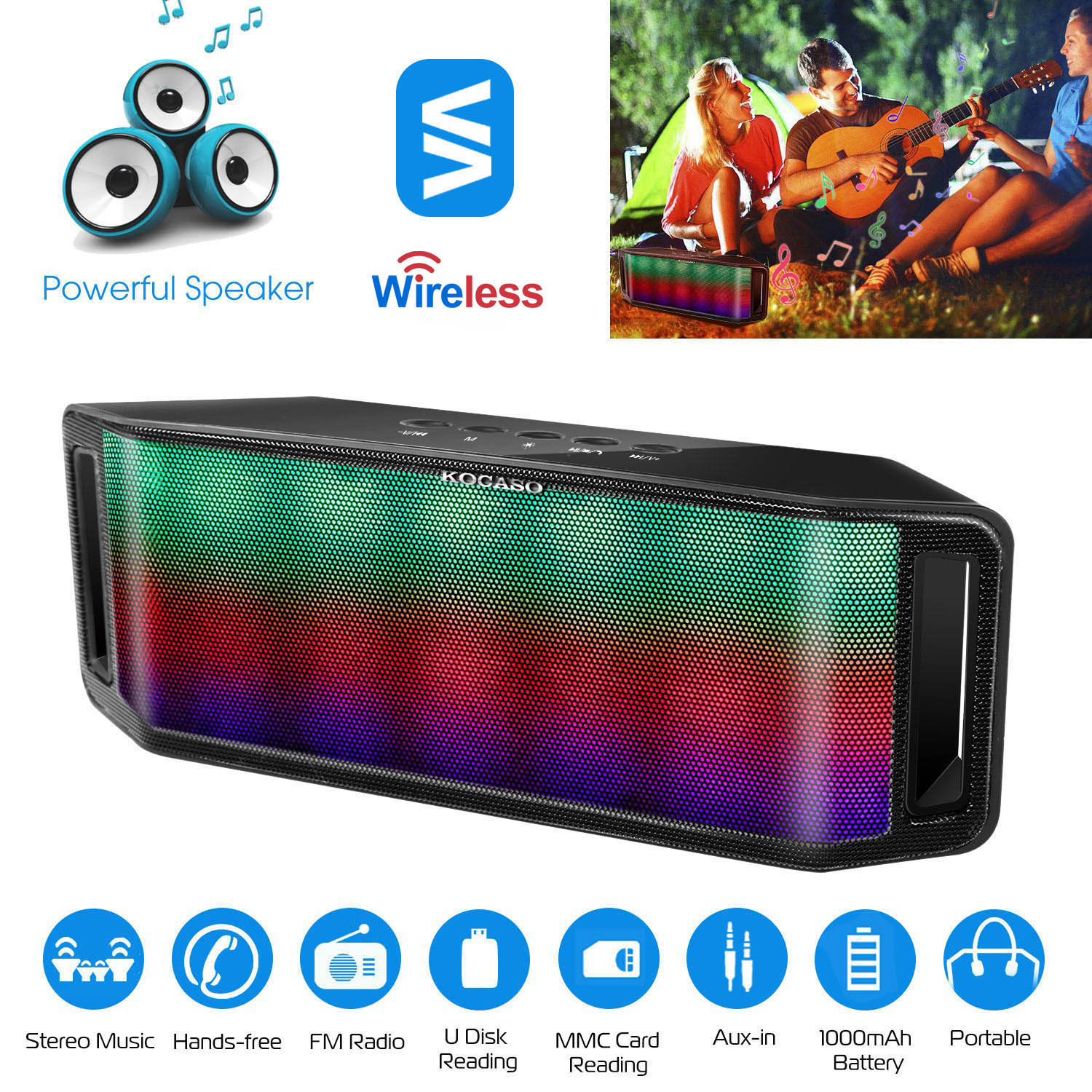 Haut-parleur LED sans fil multicolore FM USB MMC aux camping