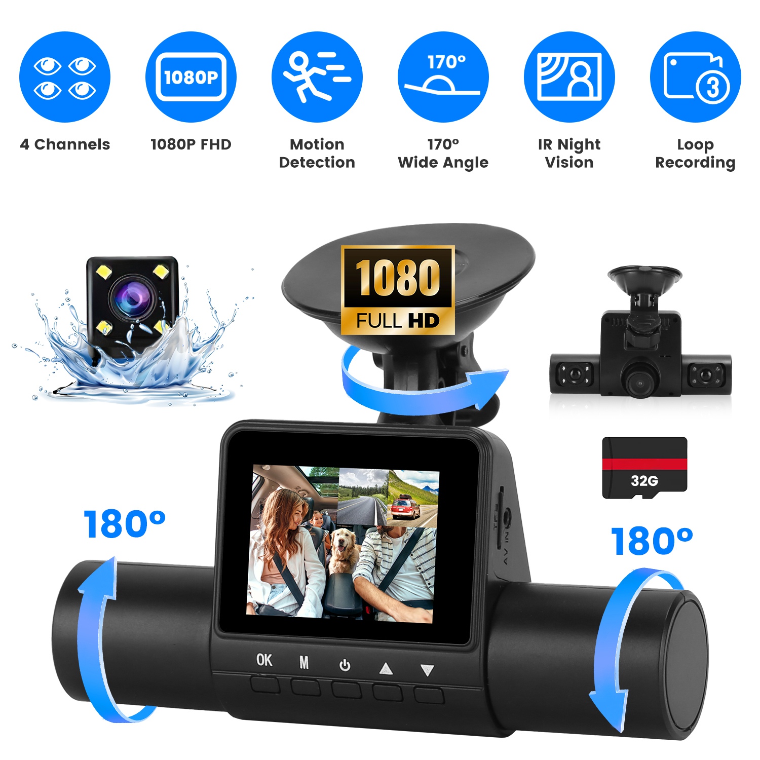 Caméra de bord 4 canaux 1080P avant 480P arrière vision nocturne IR 32GB