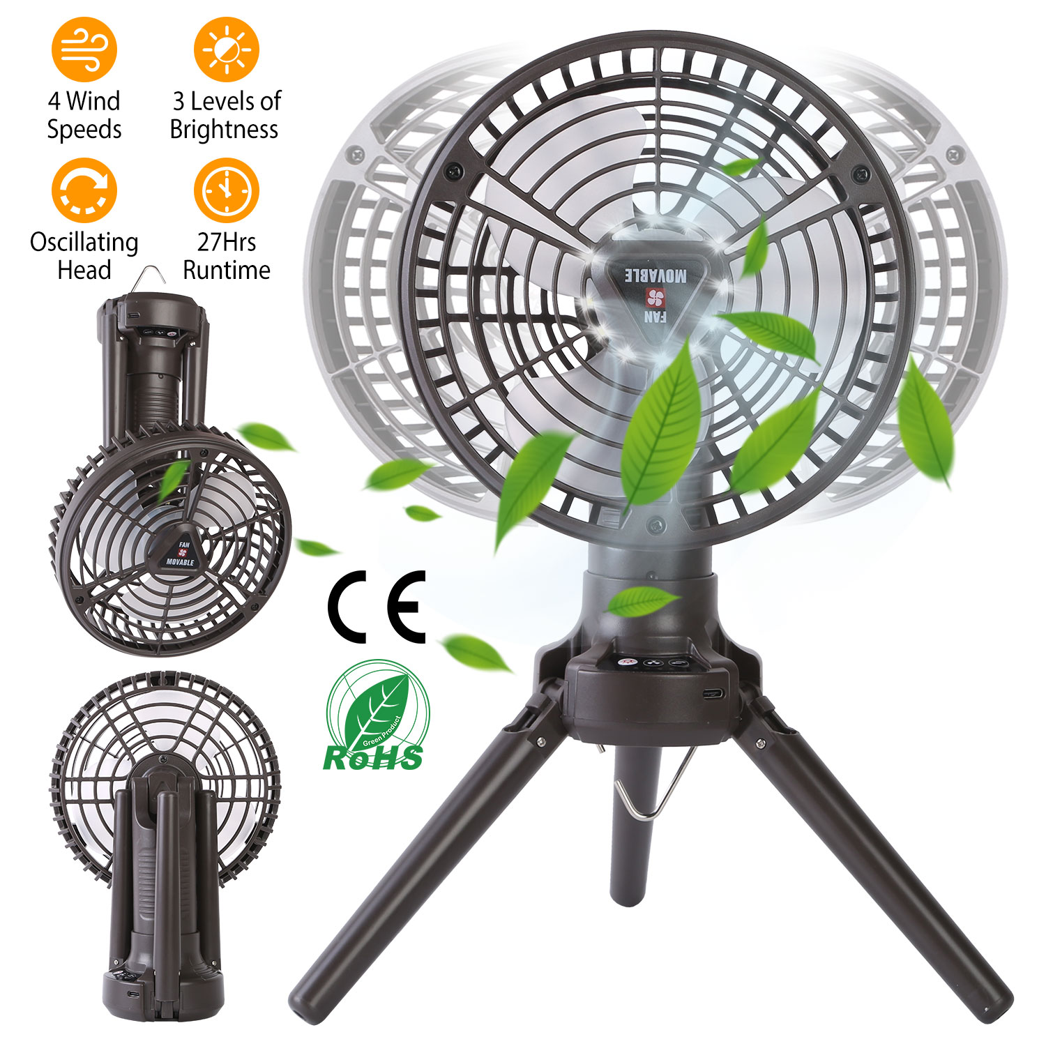 Ventilateur camping 10400mAh LED rechargeable trépied