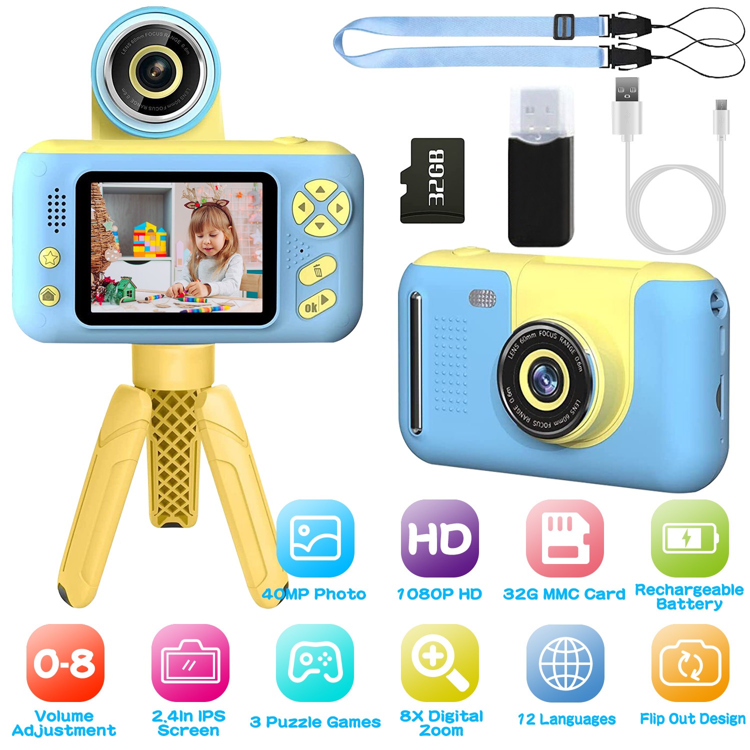 Caméra enfant numérique avec trépied écran 2.4" mémoire 32G