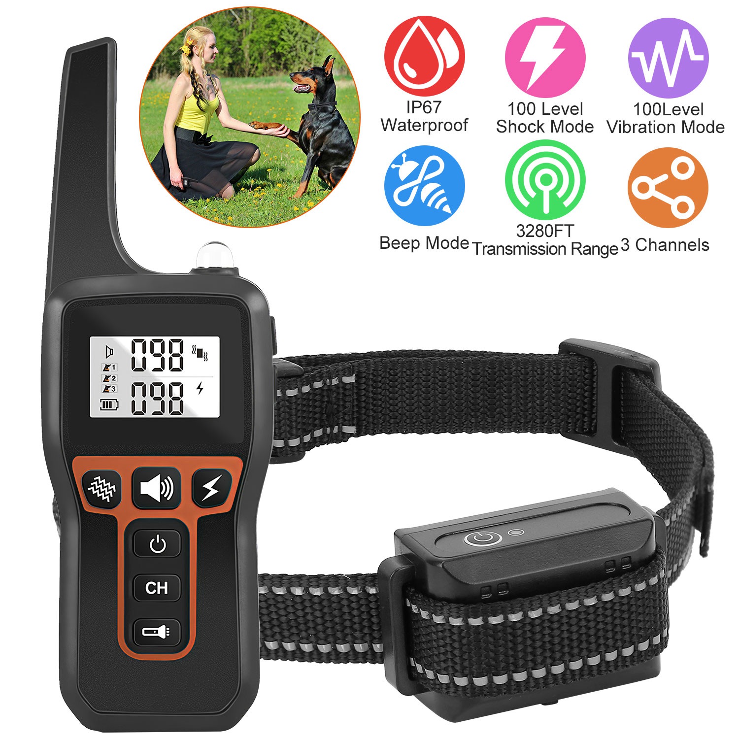 Collier dressage chien 3280FT IP67 bip vibration choc 3 canaux