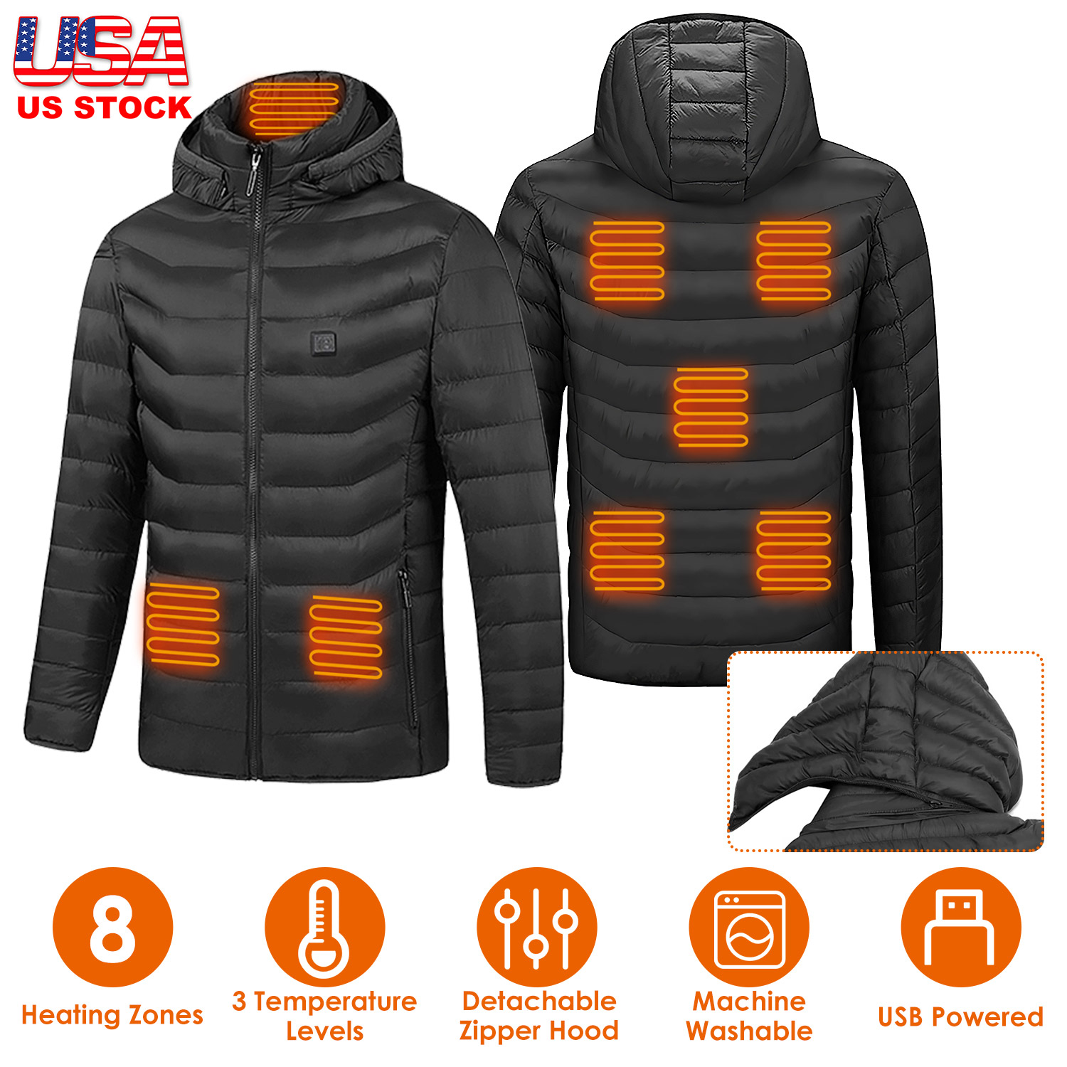 Veste chauffante électrique 3 niveaux, 8 zones, capuche détachable