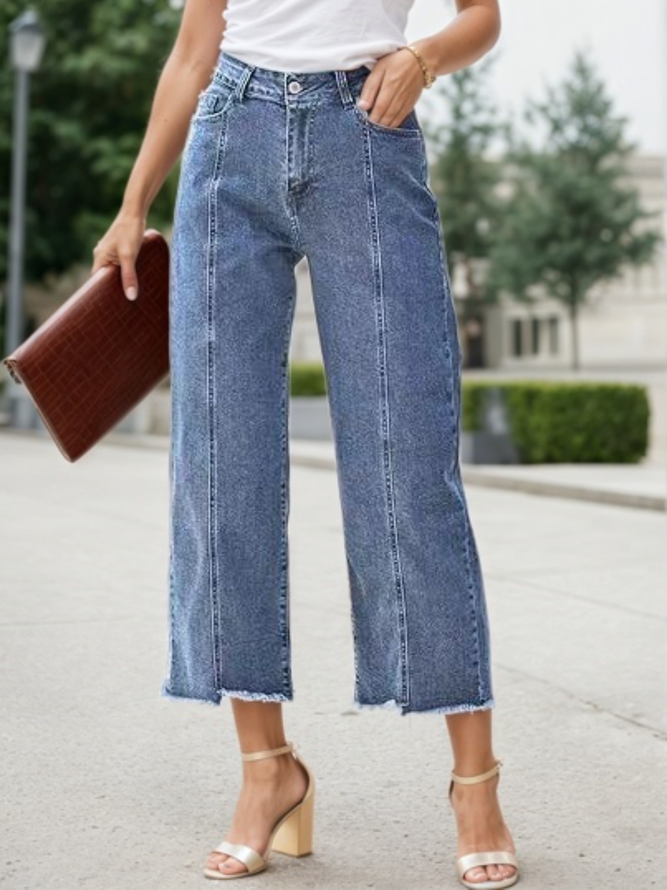 Jean grande taille femme taille haute jambe droite