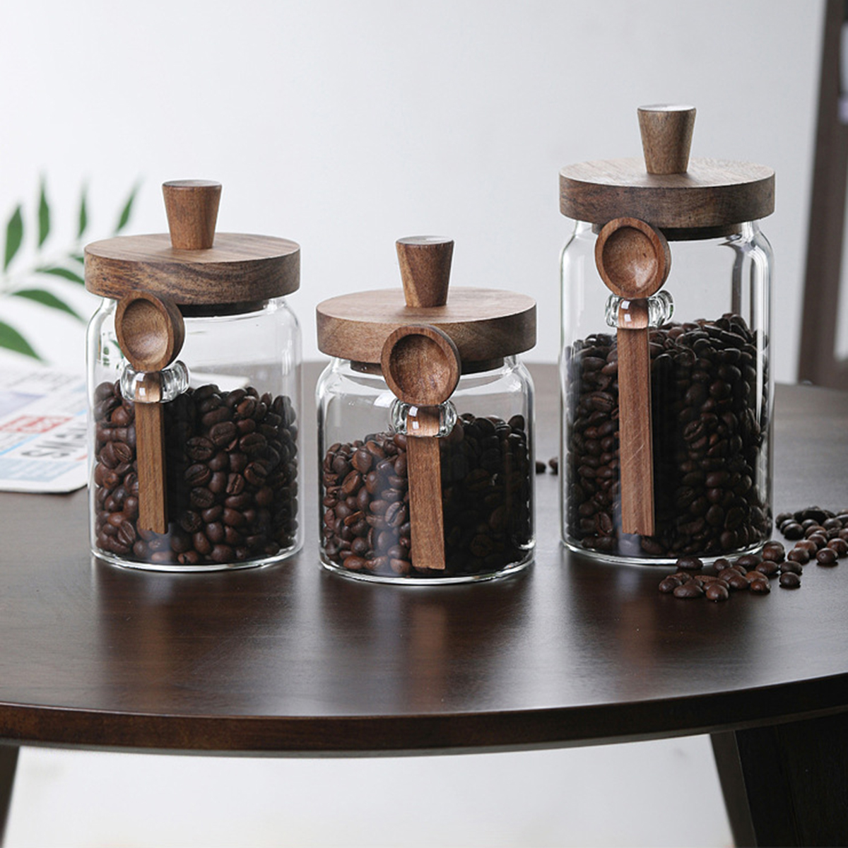 3 pots verre café avec cuillères rangement sucre thé