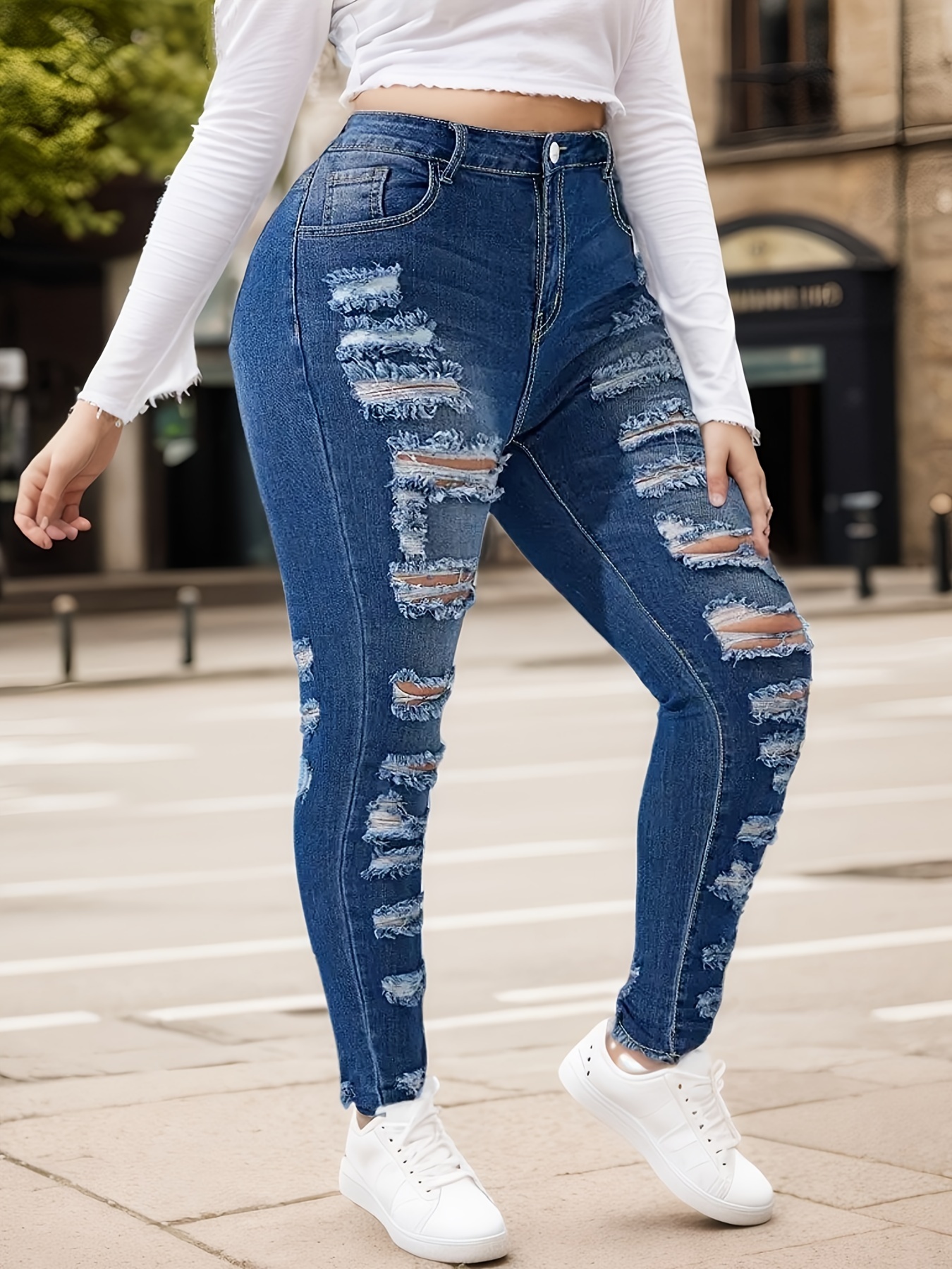 Jean casual femme taille haute, déchiré ajusté