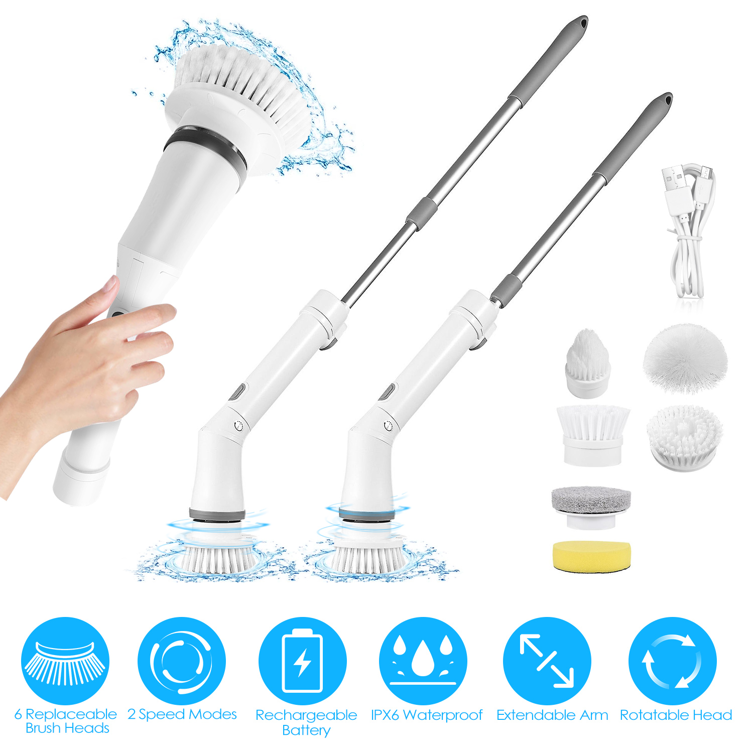 Brosse nettoyage électrique télescopique 6 têtes