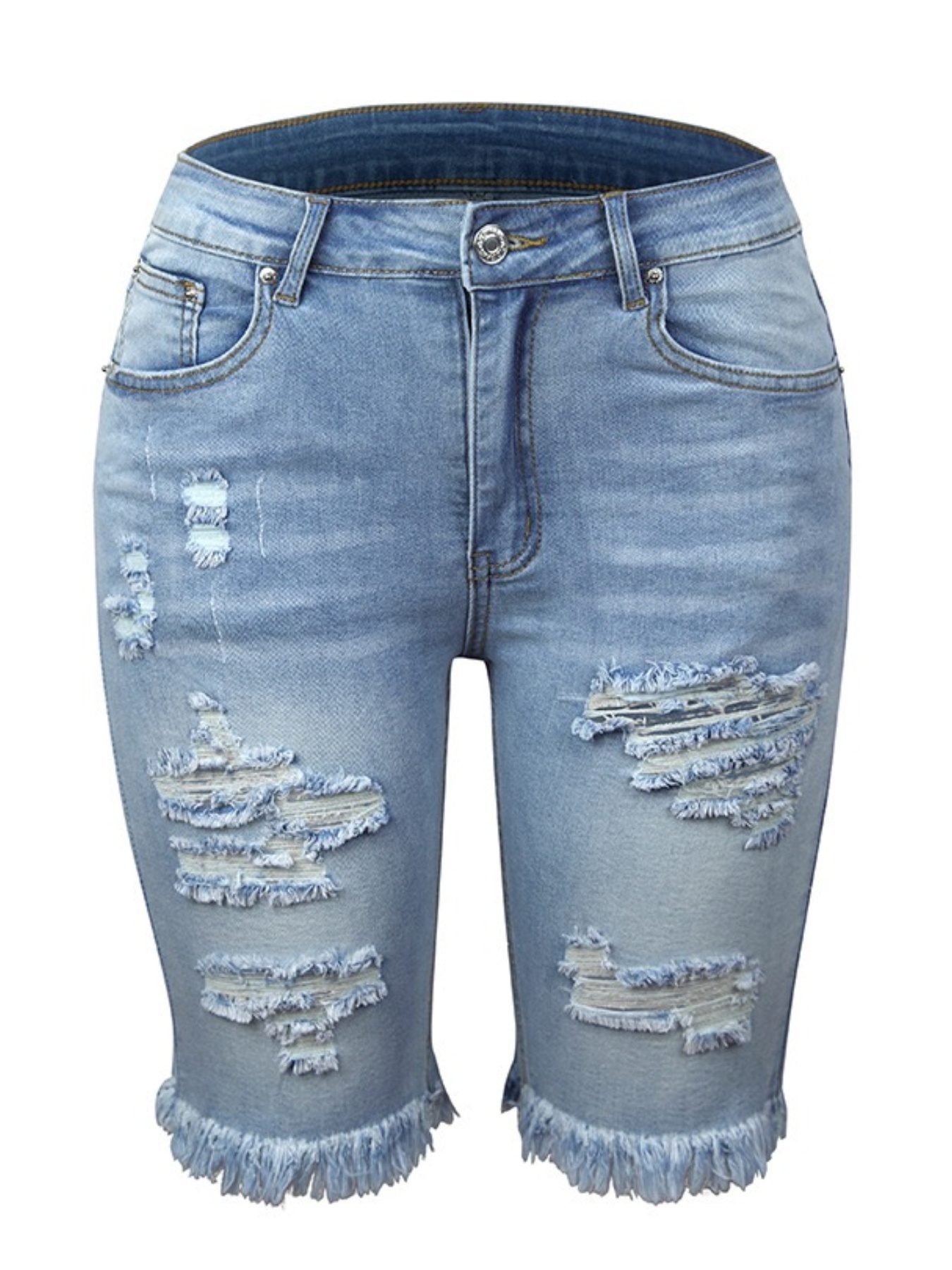Short Denim Femme Trois-quarts Effiloché Déchiré