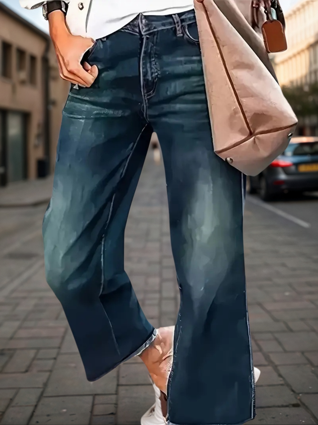Pantalon denim femme jambe large fermeture