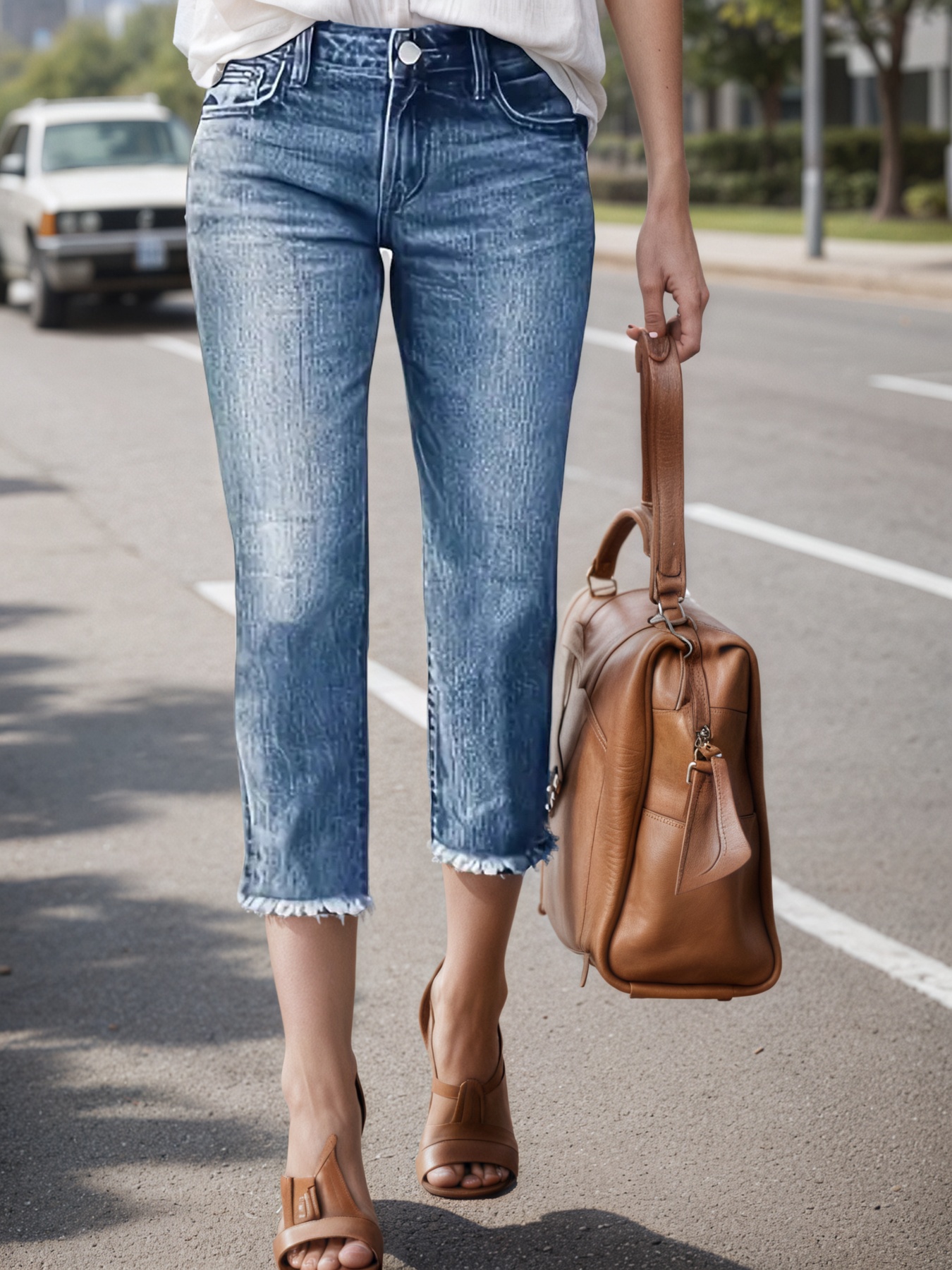 Jean capri femme fermeture éclair franges ourlet