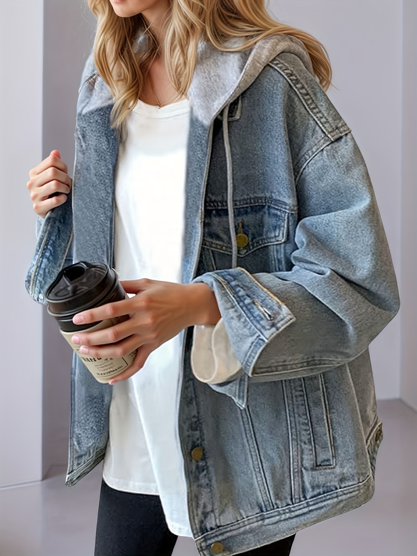 Veste en denim à capuche femme, oversized, rétro, élastique, confortable